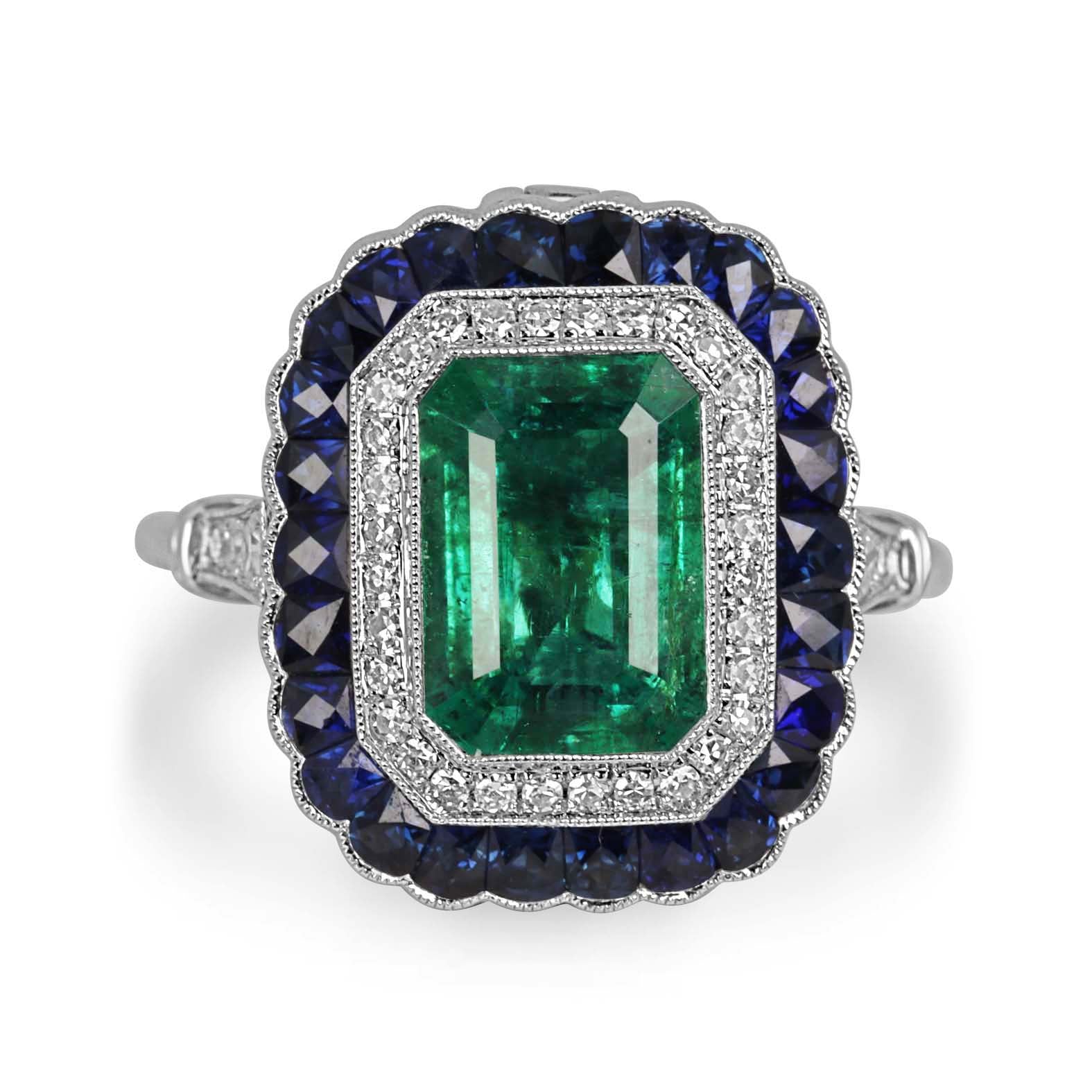2.85tcw PLAT Natural Green Emerald Cut Emerald & Diamond/Half Moon Sapphire Double Halo Convertible 2 in 1 Ring Pendant