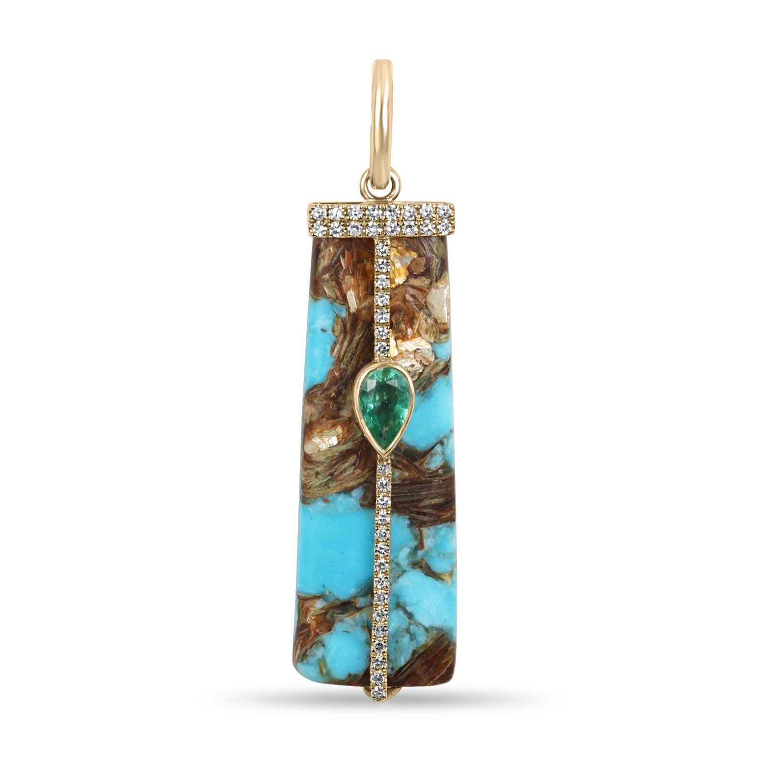 6.08tcw 14K Natural Turquoise, Emerald, & Diamond Pave Pebble Pendant