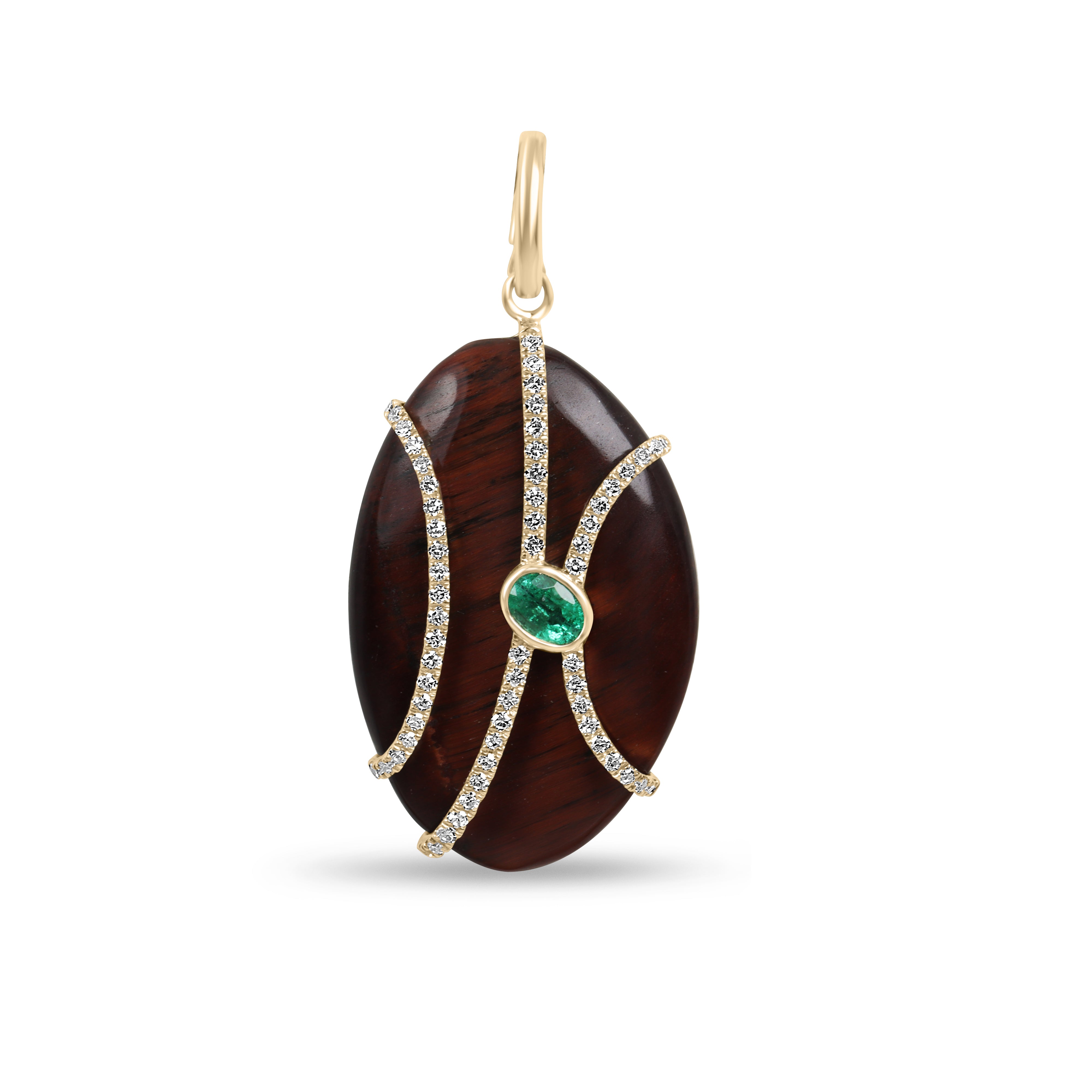 8.24tcw 14K Natural Tigers Eye, Emerald & Diamond Pave Pebble Pendant