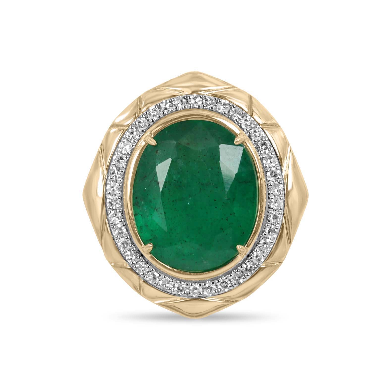 4.66tcw 14K Large Deep Green Oval Cut Emerald & Diamond Halo Medallion