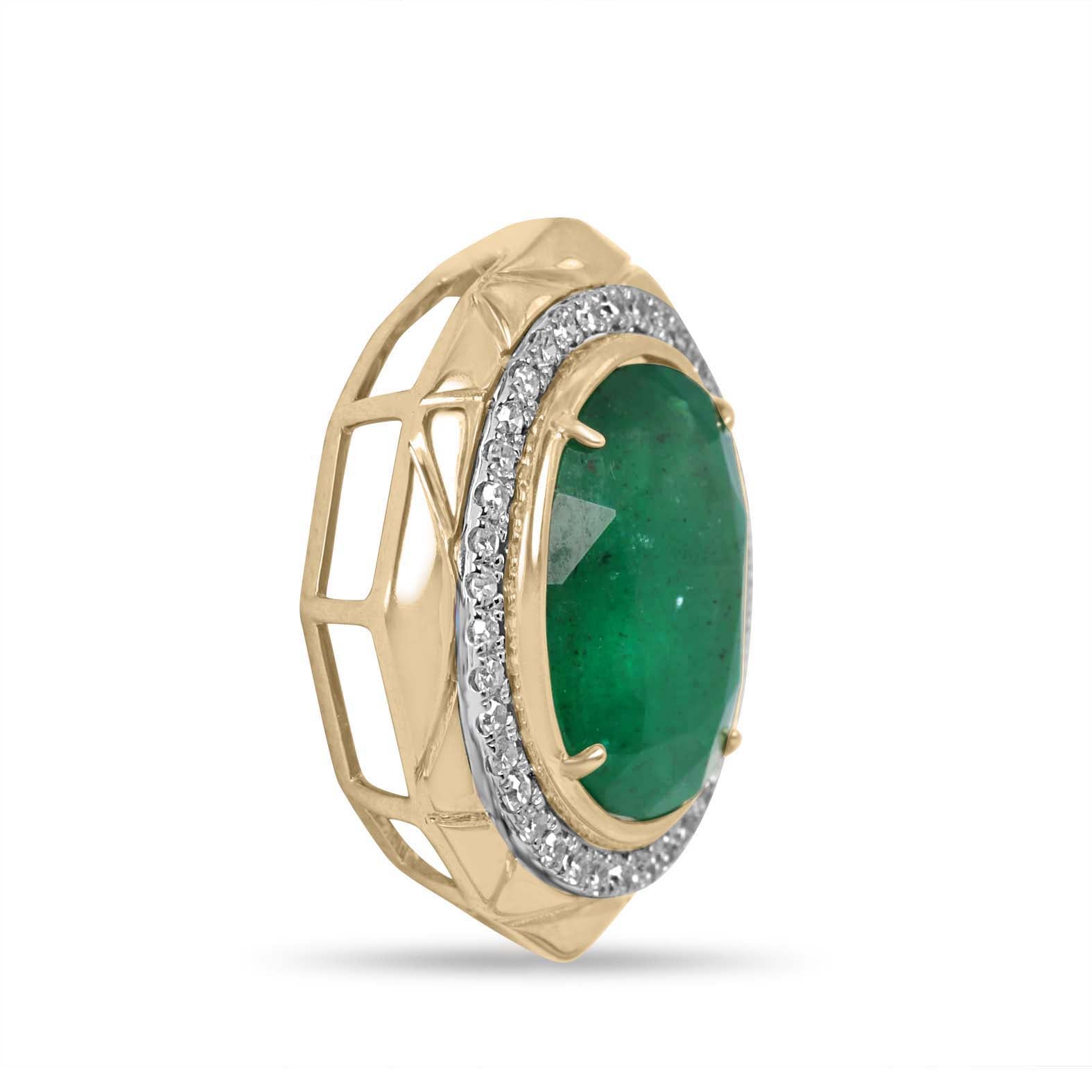 4.66tcw 14K Large Deep Green Oval Cut Emerald & Diamond Halo Medallion