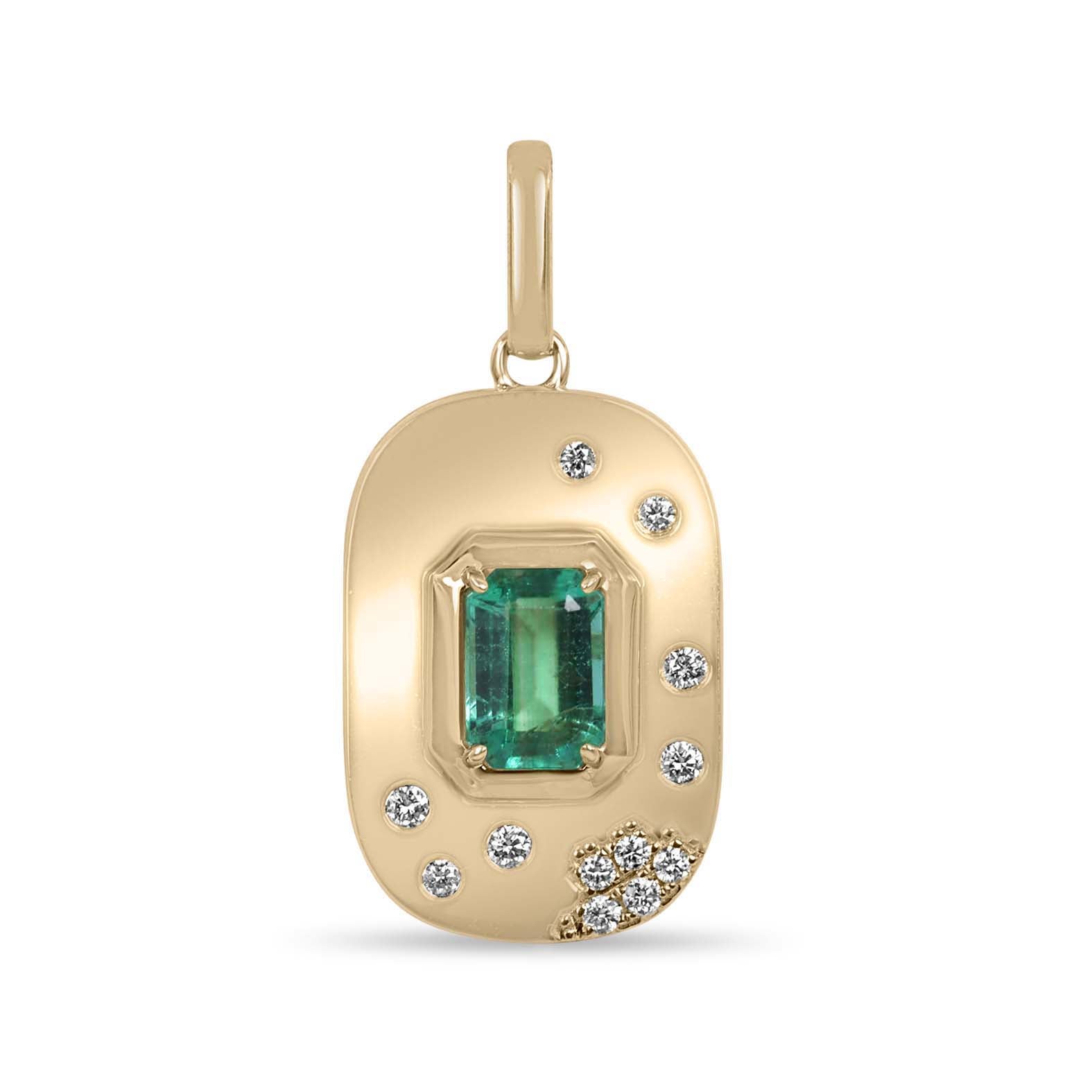 1.05tcw 14K Natural Emerald Cut Emerald & Diamond Cluster Accept Tag Charm Pendant