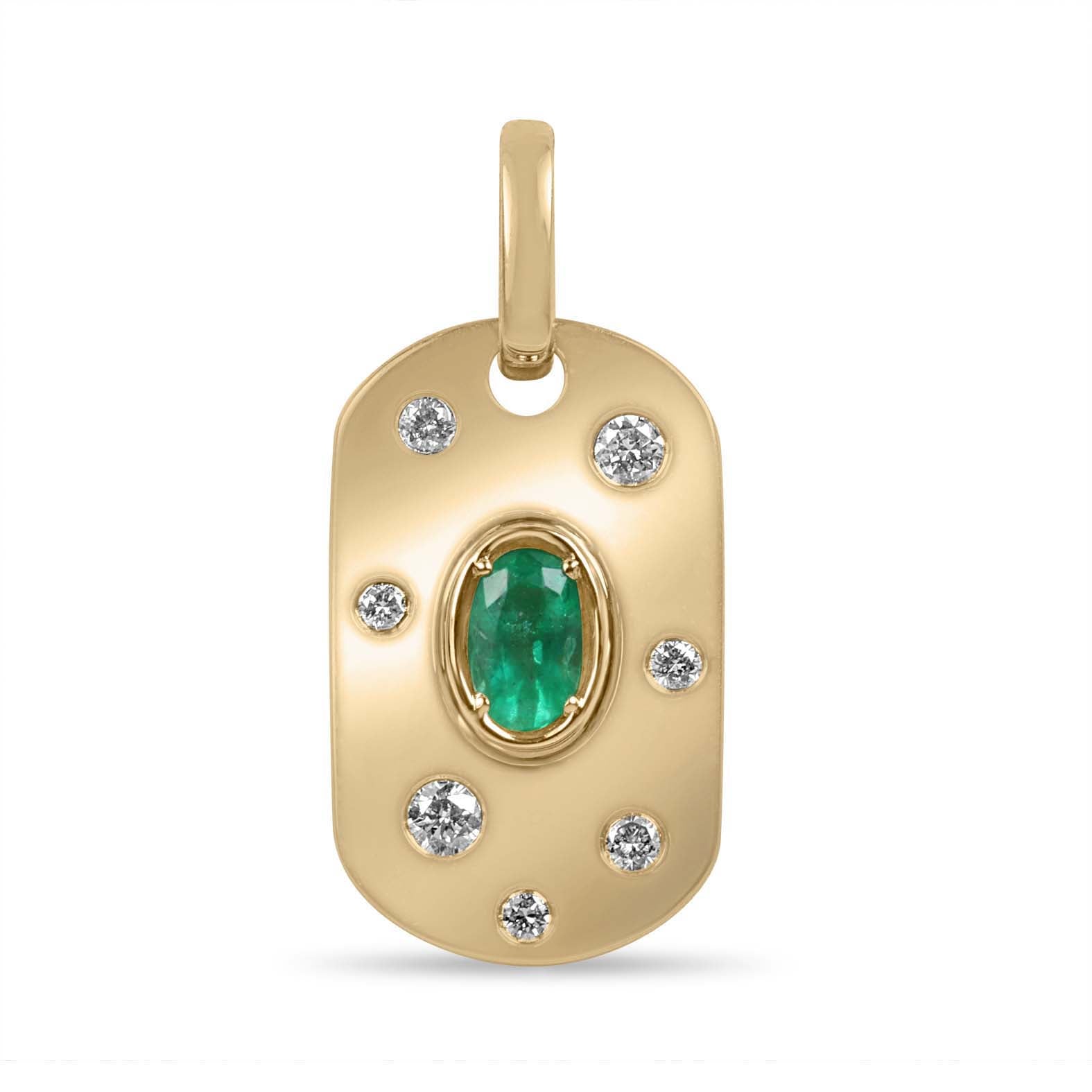 14K Natural Oval Cut Emerald & Diamond Dog Tag Pendant