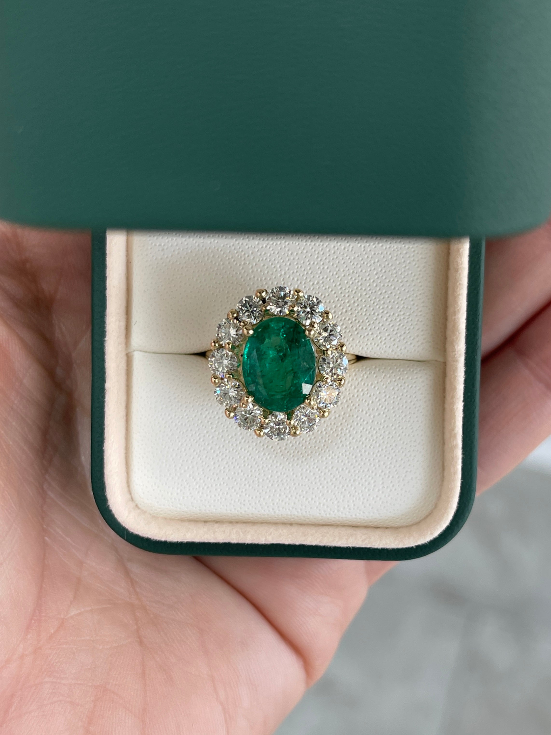 5.90tcw 14K Natural Oval Cut Emerald & LAB Jumbo Diamond Halo Right Hand Ring - JR Colombian Emeralds