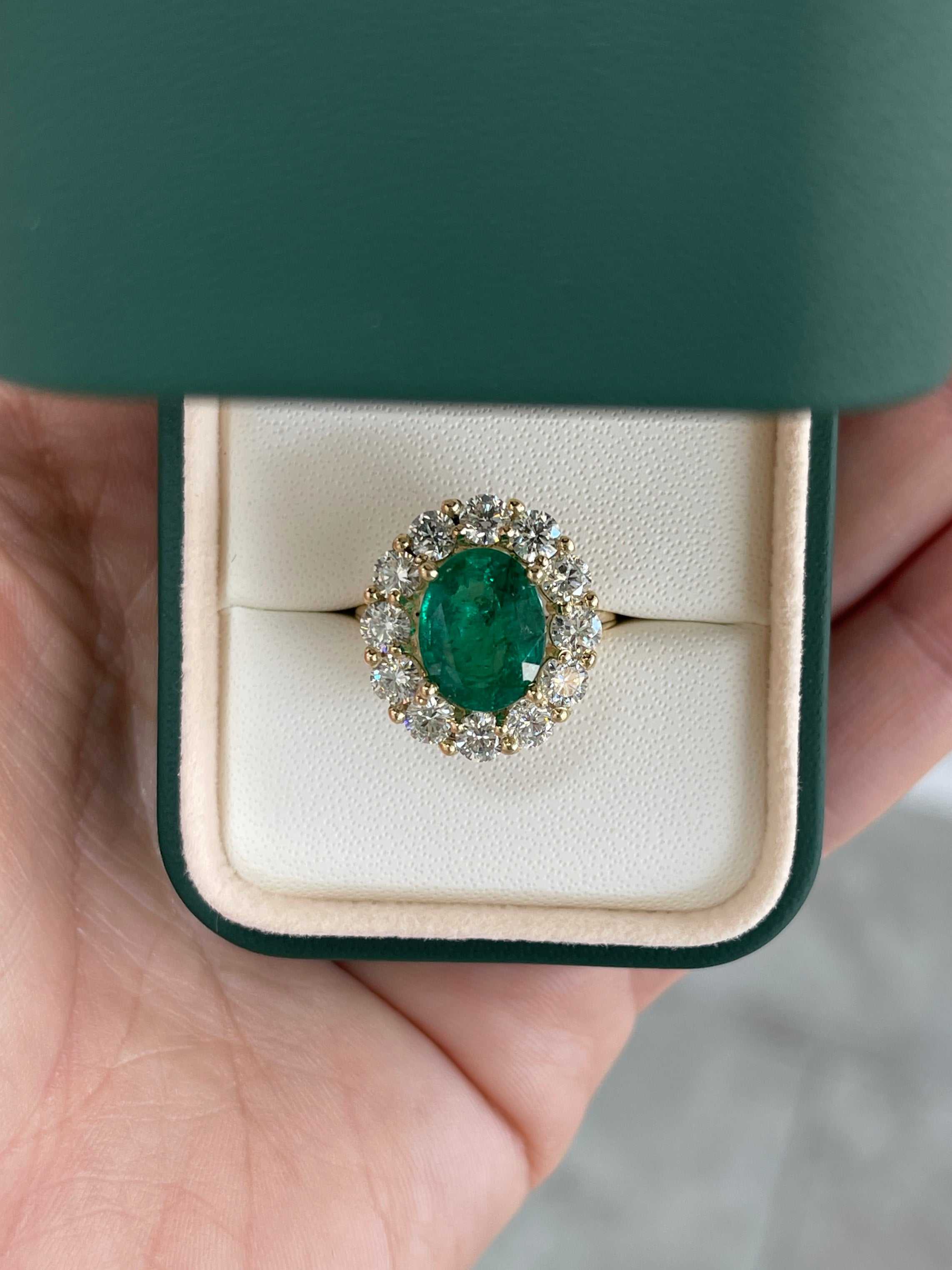 5.90tcw 14K Natural Oval Cut Emerald & LAB Jumbo Diamond Halo Right Hand Ring - JR Colombian Emeralds