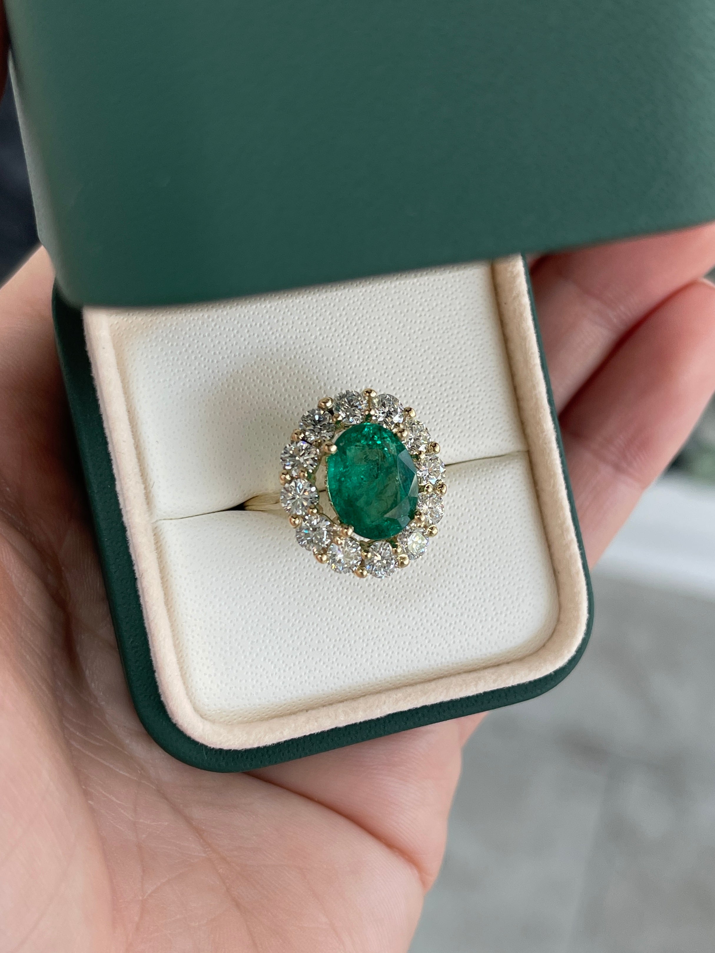 5.90tcw 14K Natural Oval Cut Emerald & LAB Jumbo Diamond Halo Right Hand Ring - JR Colombian Emeralds