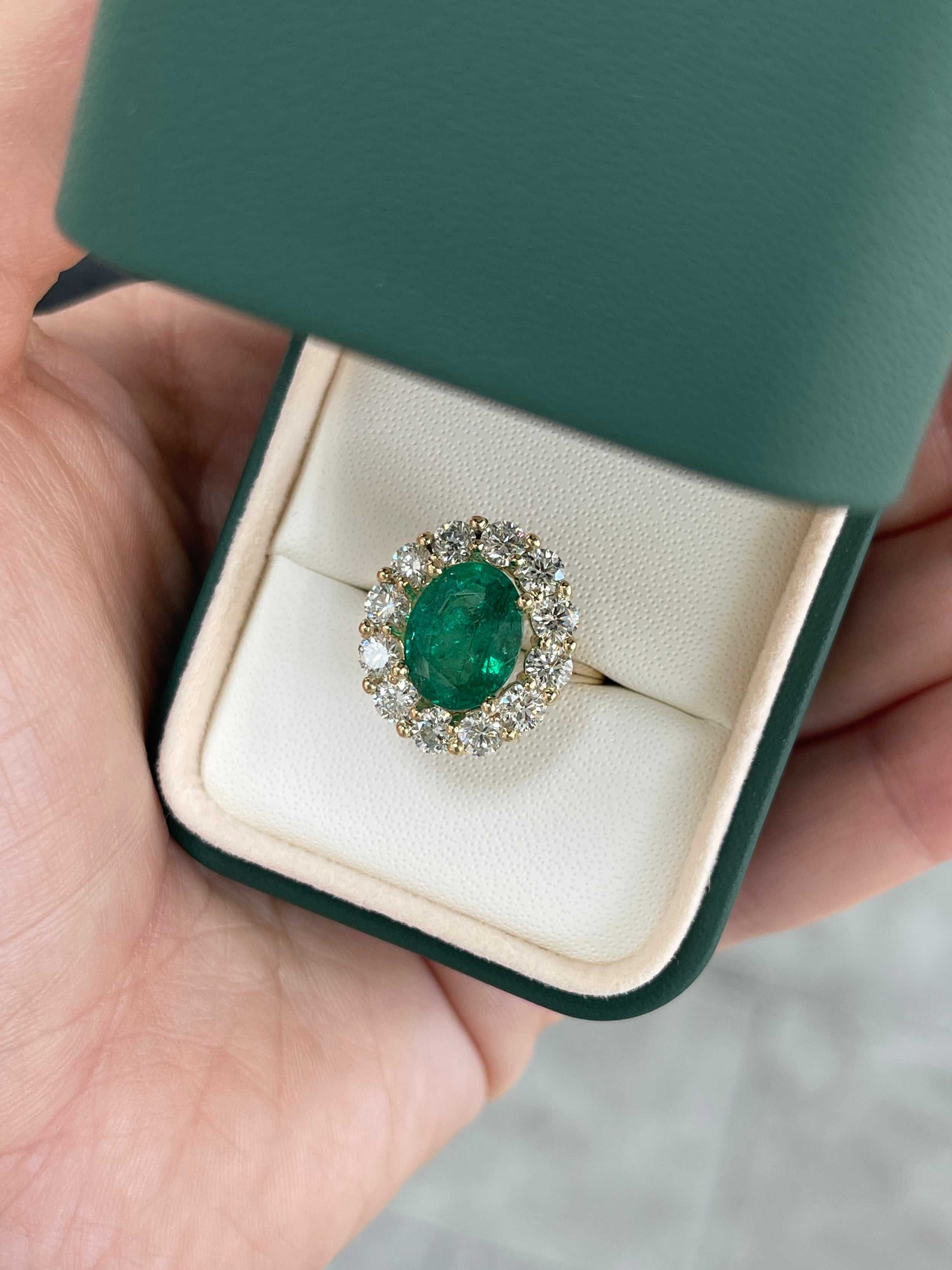 5.90tcw 14K Natural Oval Cut Emerald & LAB Jumbo Diamond Halo Right Hand Ring - JR Colombian Emeralds