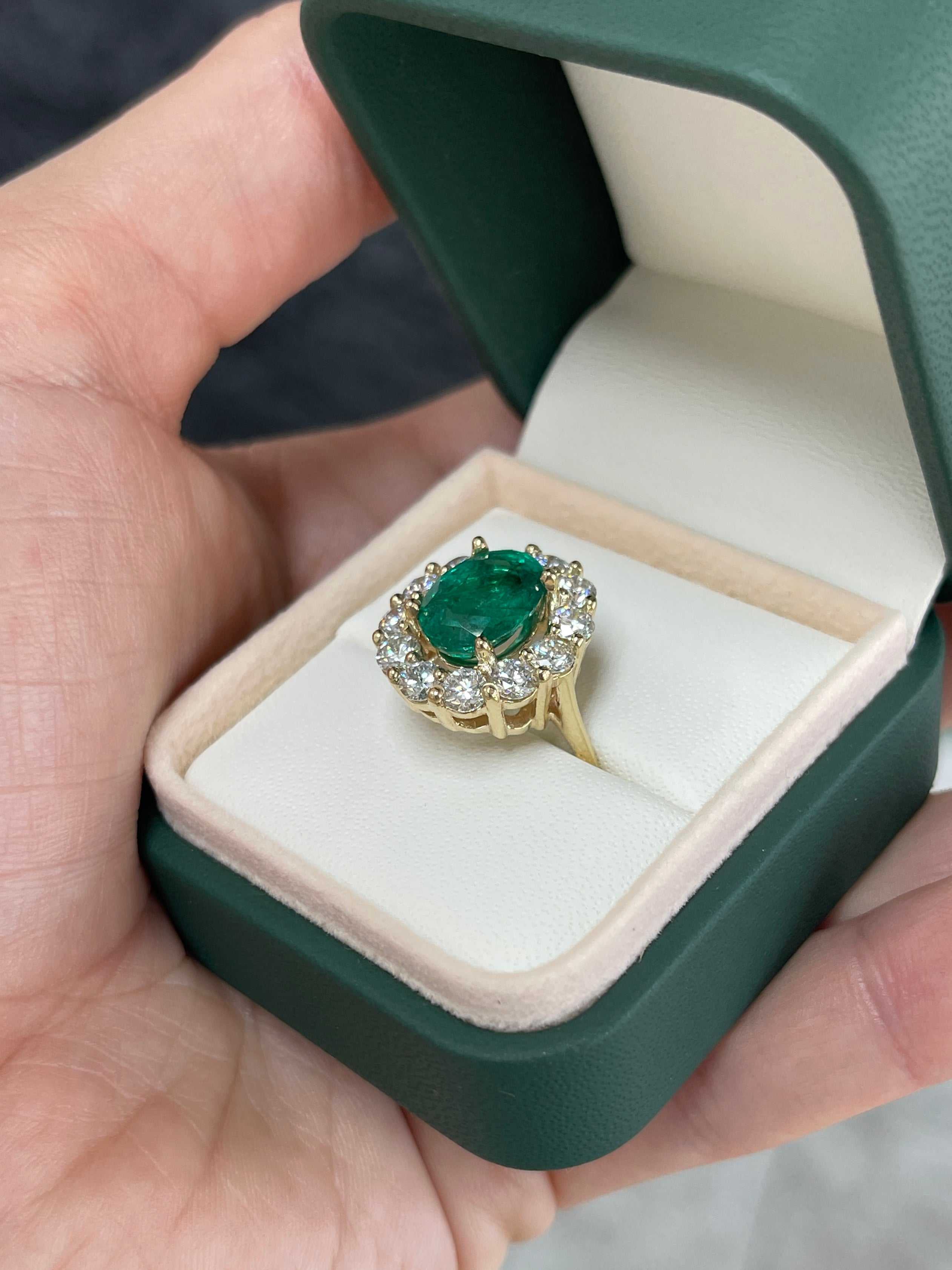 5.90tcw 14K Natural Oval Cut Emerald & LAB Jumbo Diamond Halo Right Hand Ring - JR Colombian Emeralds