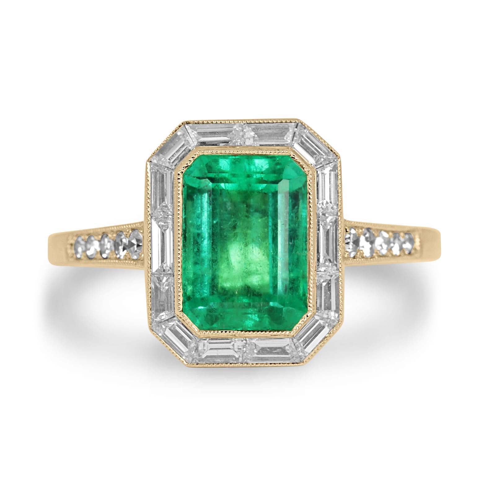 2.75tcw 18K Vivid Rich Medium Green Emerald Cut Emerald & Baguette Diamond Halo with Diamond Accent Shank