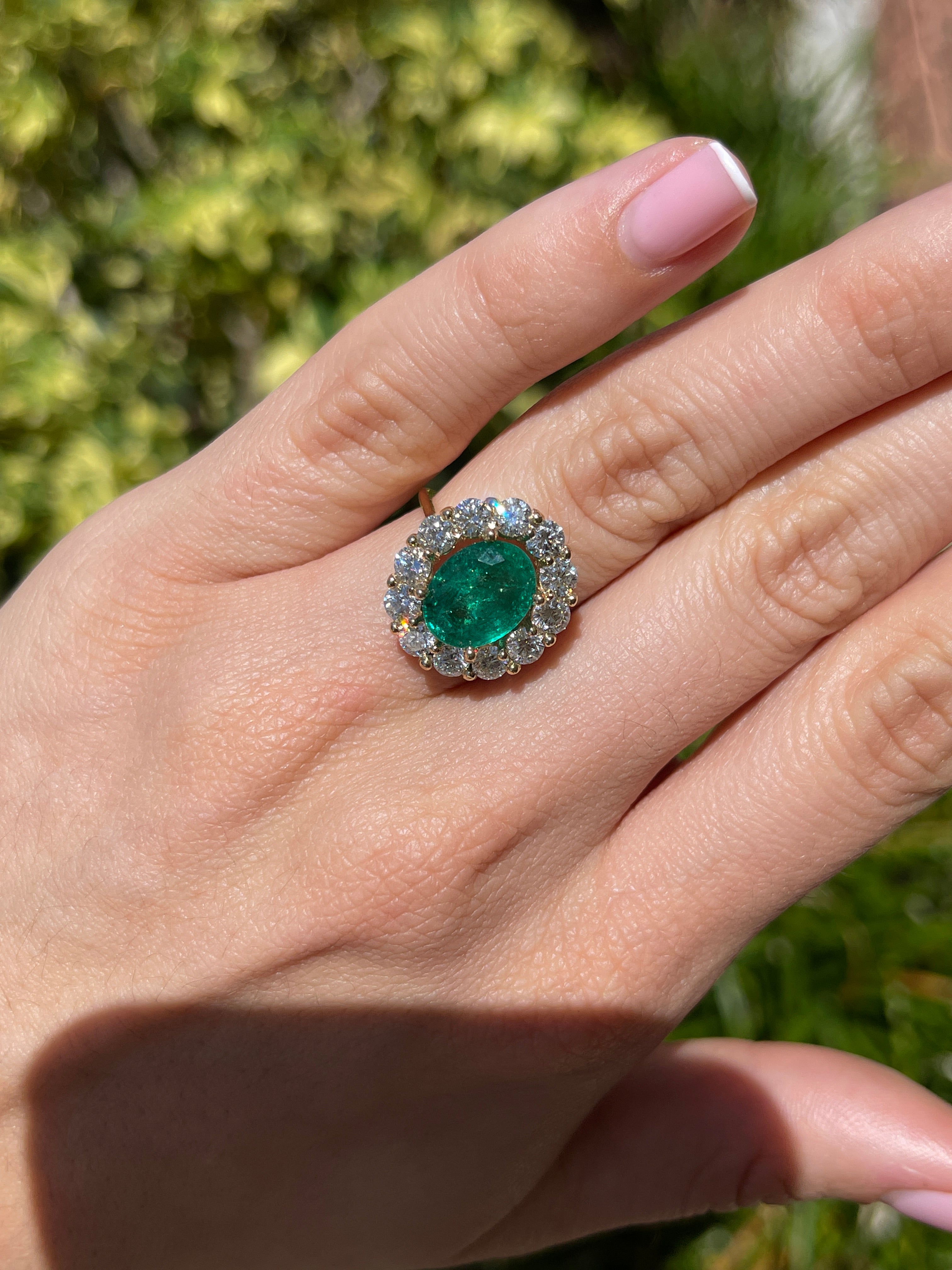 5.90tcw 14K Natural Oval Cut Emerald & LAB Jumbo Diamond Halo Right Hand Ring - JR Colombian Emeralds
