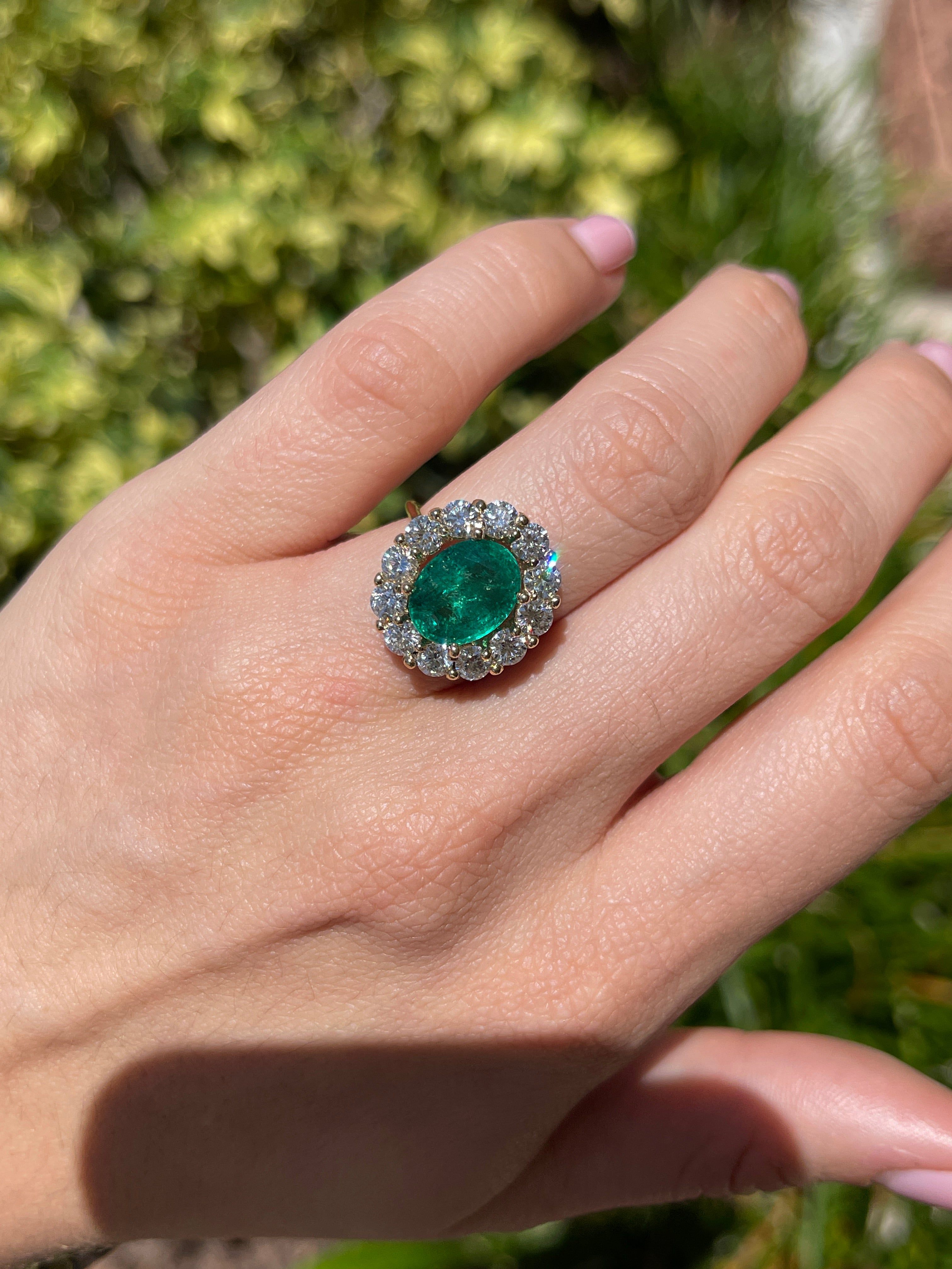 5.90tcw 14K Natural Oval Cut Emerald & LAB Jumbo Diamond Halo Right Hand Ring - JR Colombian Emeralds
