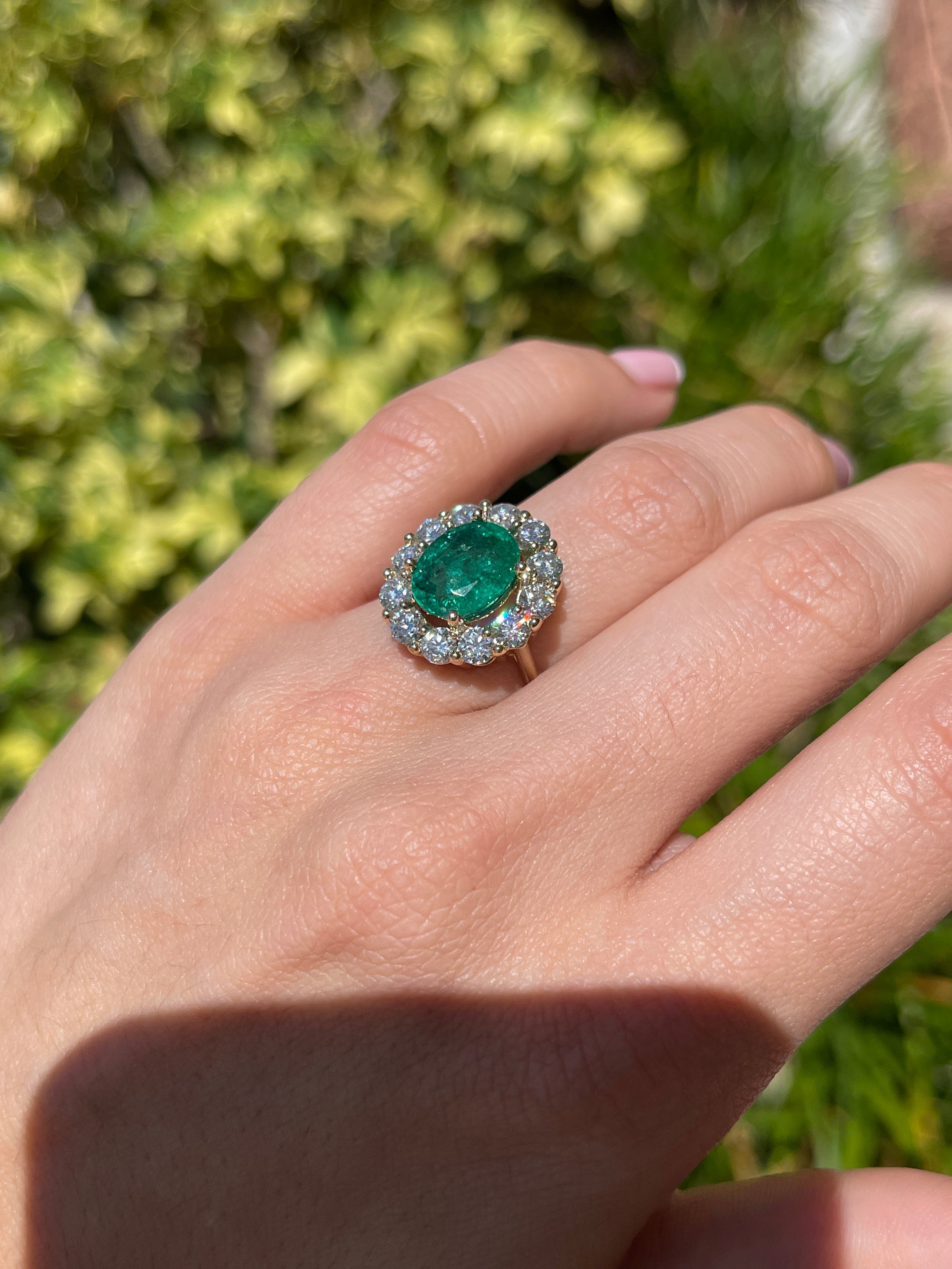 5.90tcw 14K Natural Oval Cut Emerald & LAB Jumbo Diamond Halo Right Hand Ring - JR Colombian Emeralds