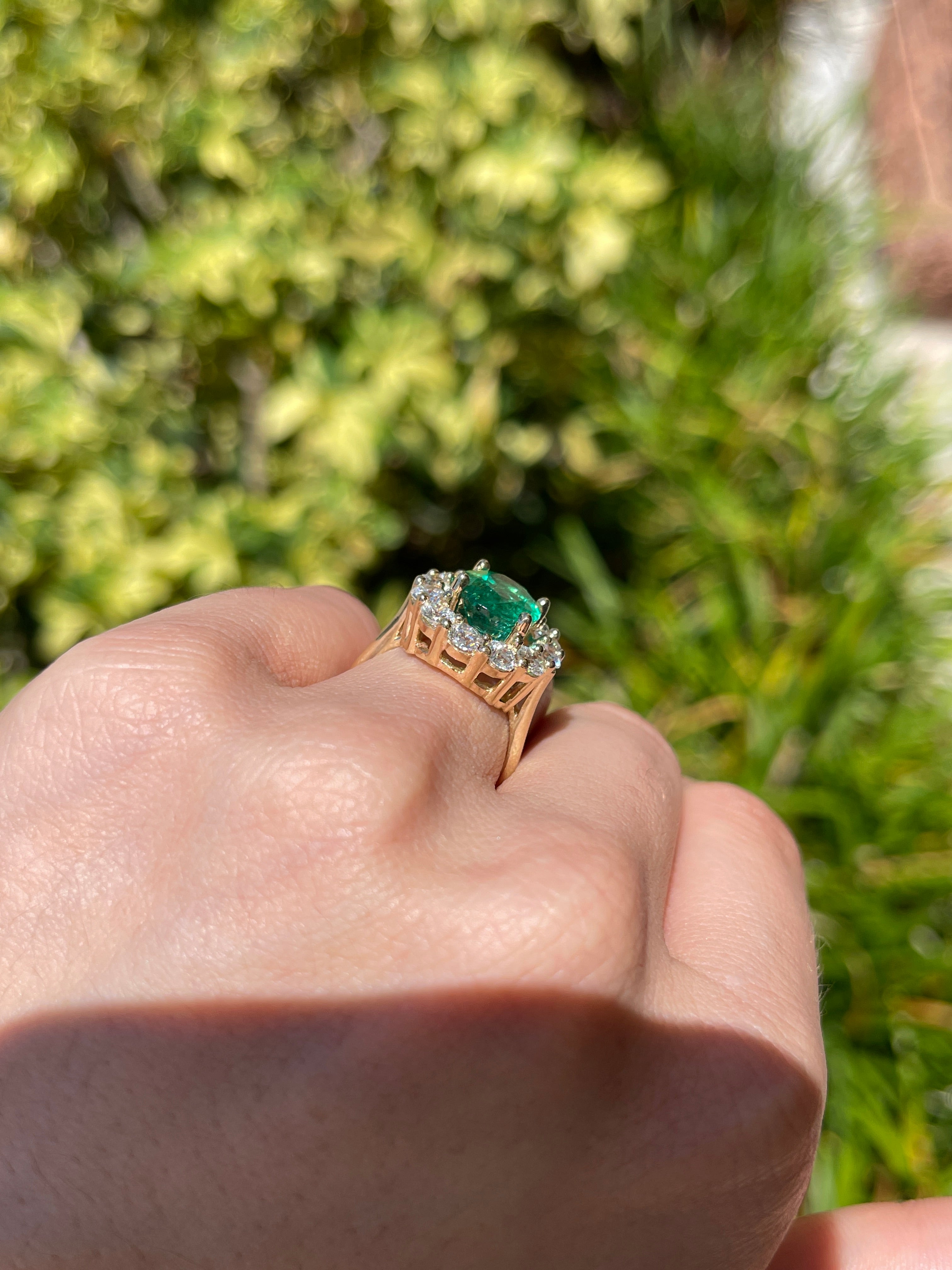 5.90tcw 14K Natural Oval Cut Emerald & LAB Jumbo Diamond Halo Right Hand Ring - JR Colombian Emeralds