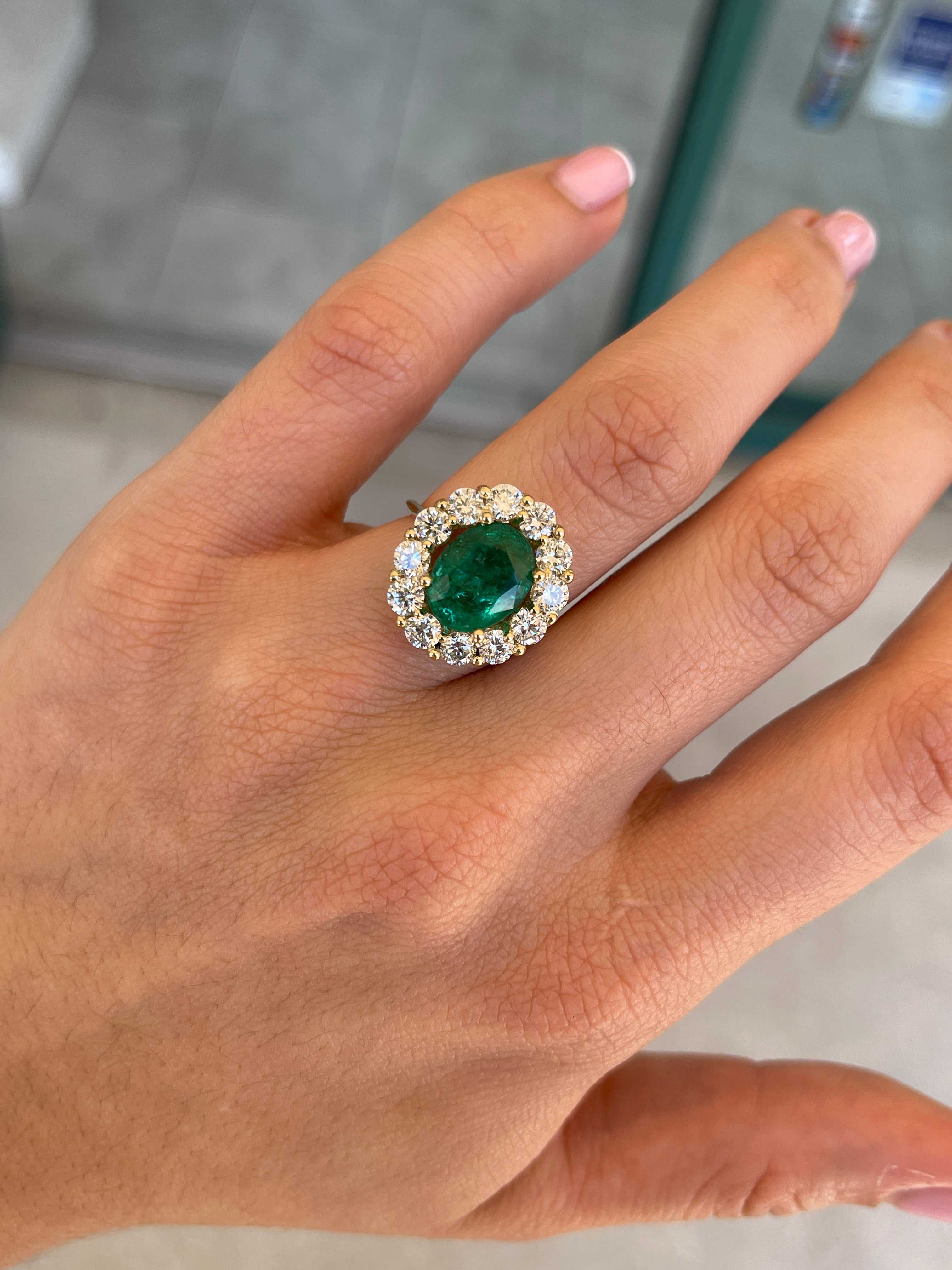 5.90tcw 14K Natural Oval Cut Emerald & LAB Jumbo Diamond Halo Right Hand Ring - JR Colombian Emeralds