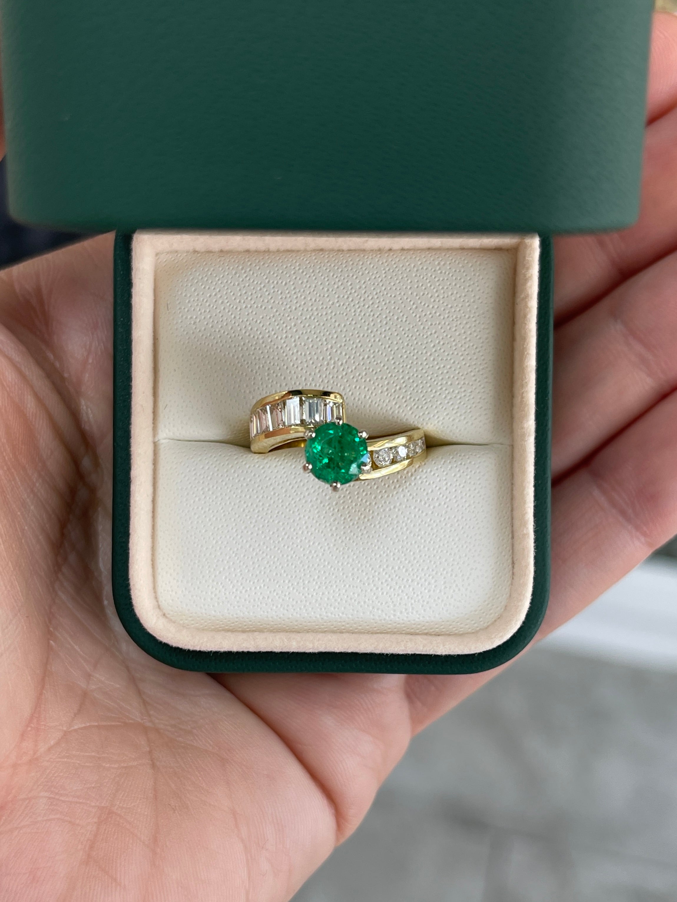 2.52tcw 18K Natural Round Emerald & Baguette Round Diamond Accent Right Hand Ring - JR Colombian Emeralds