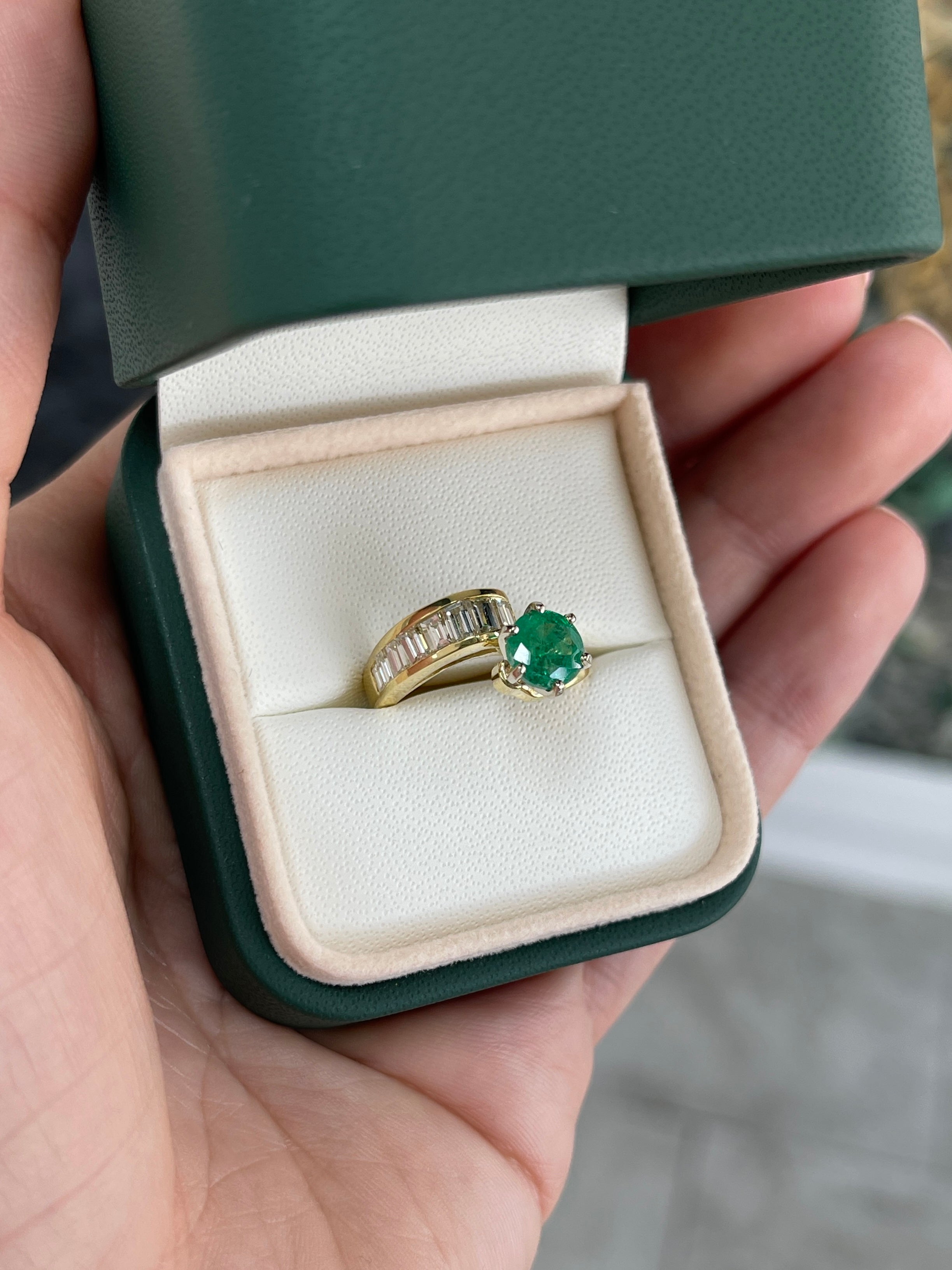 2.52tcw 18K Natural Round Emerald & Baguette Round Diamond Accent Right Hand Ring - JR Colombian Emeralds