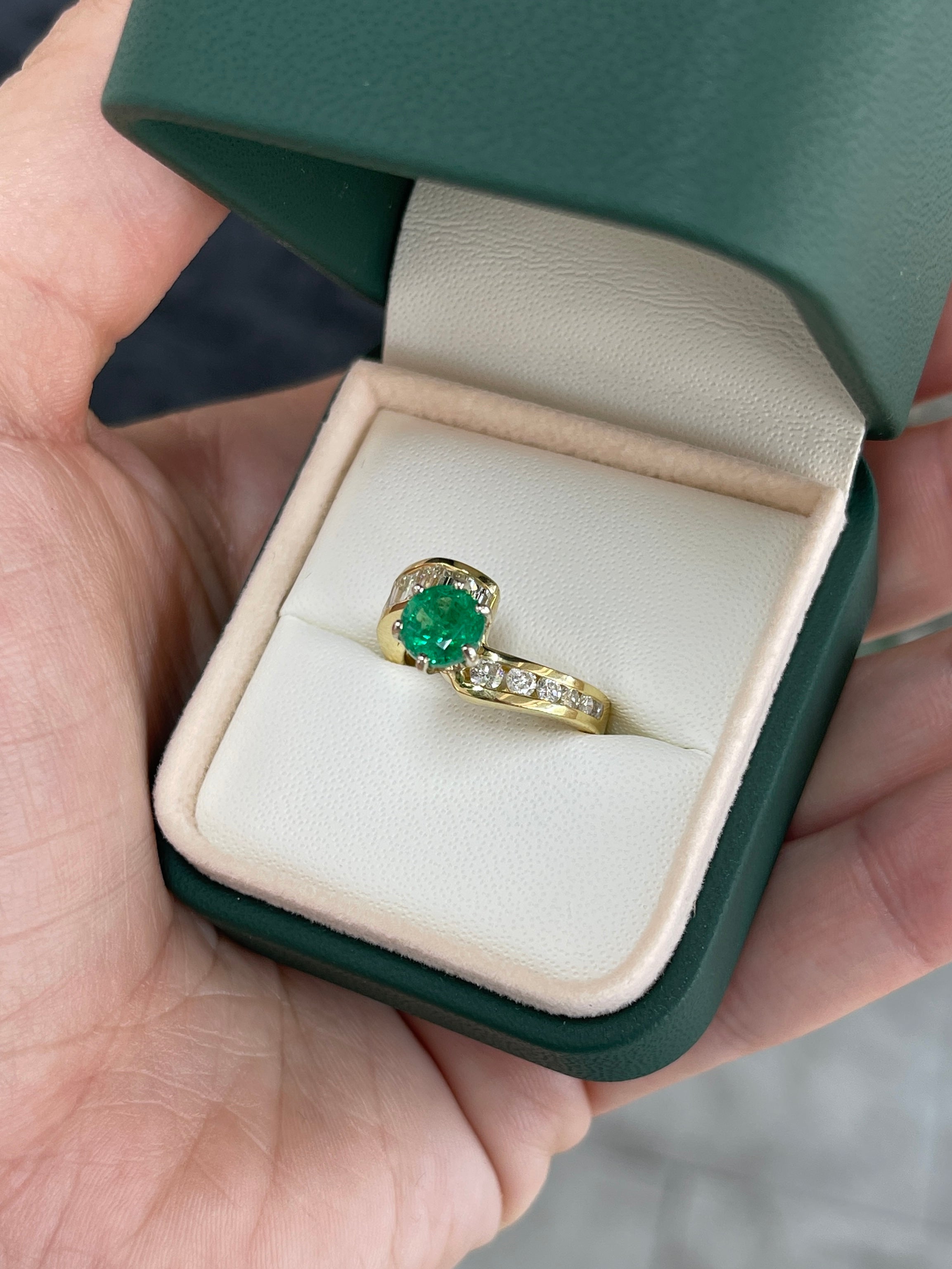 2.52tcw 18K Natural Round Emerald & Baguette Round Diamond Accent Right Hand Ring - JR Colombian Emeralds