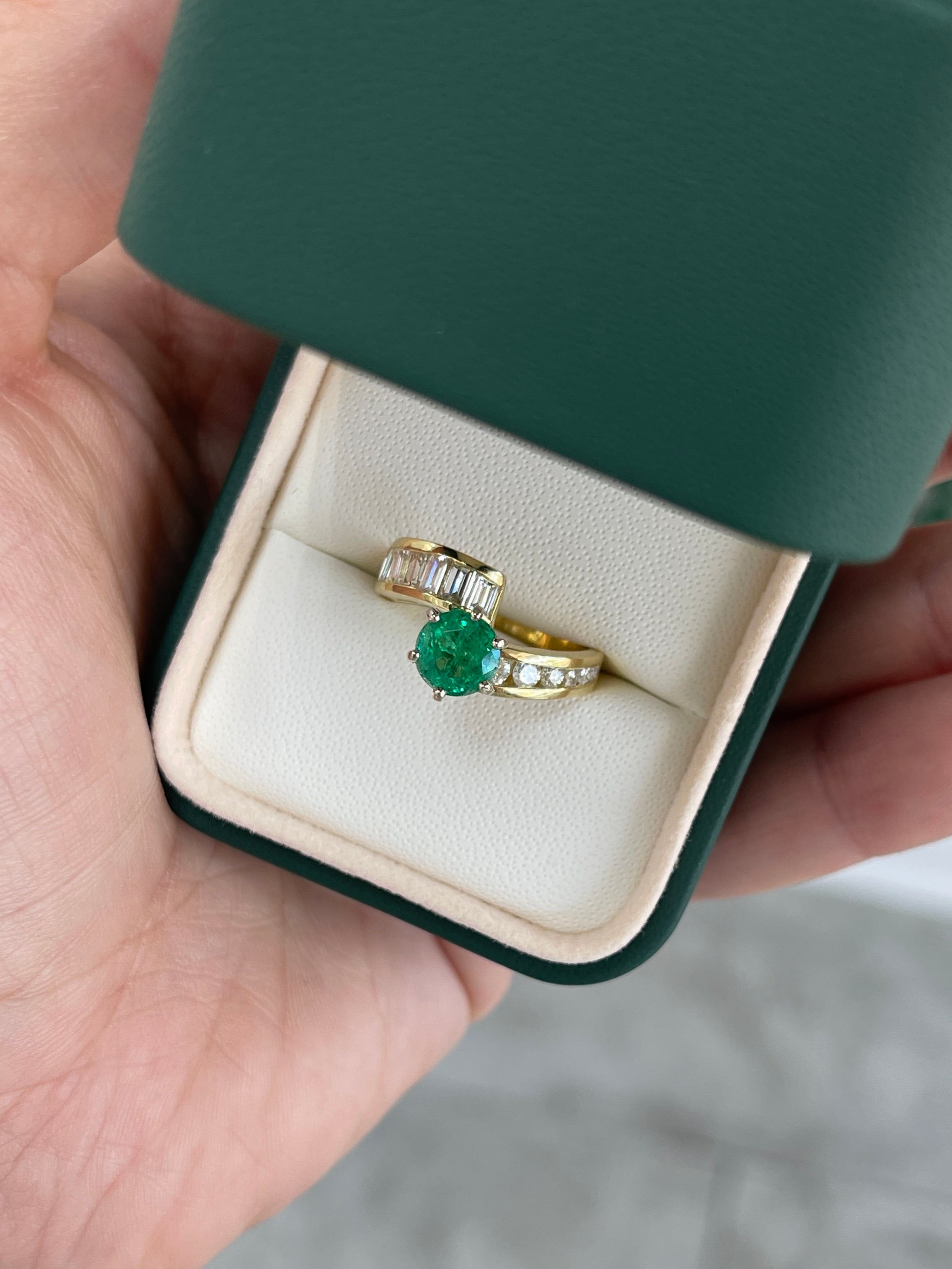 2.52tcw 18K Natural Round Emerald & Baguette Round Diamond Accent Right Hand Ring - JR Colombian Emeralds