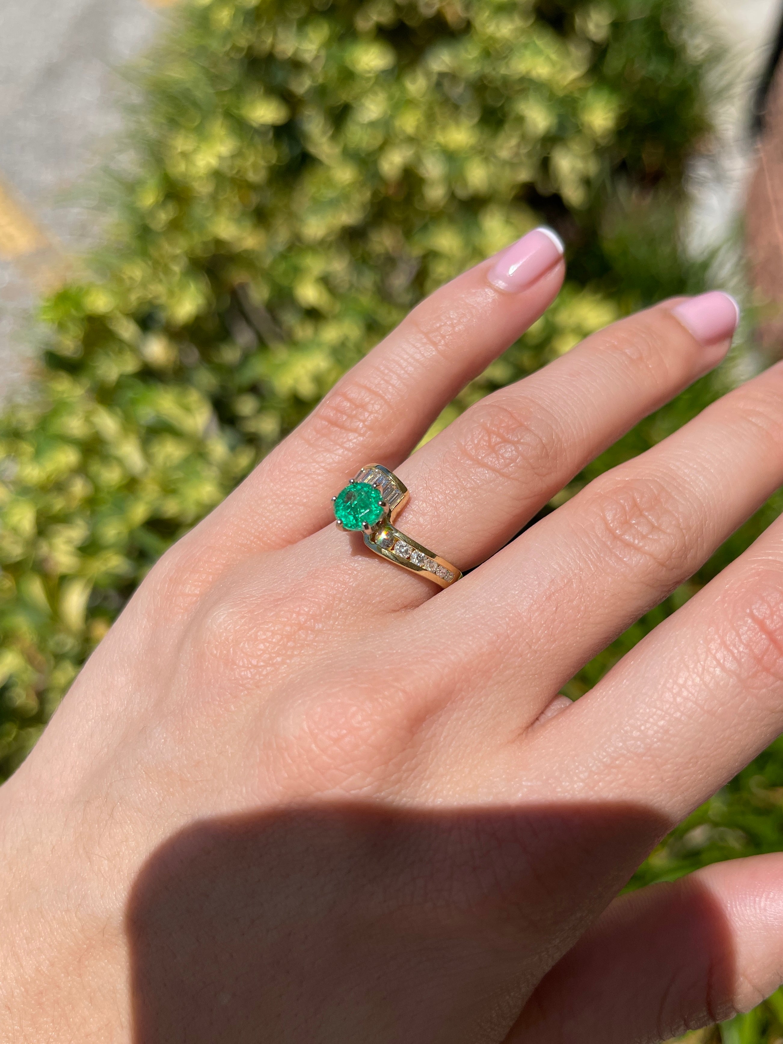 2.52tcw 18K Natural Round Emerald & Baguette Round Diamond Accent Right Hand Ring - JR Colombian Emeralds