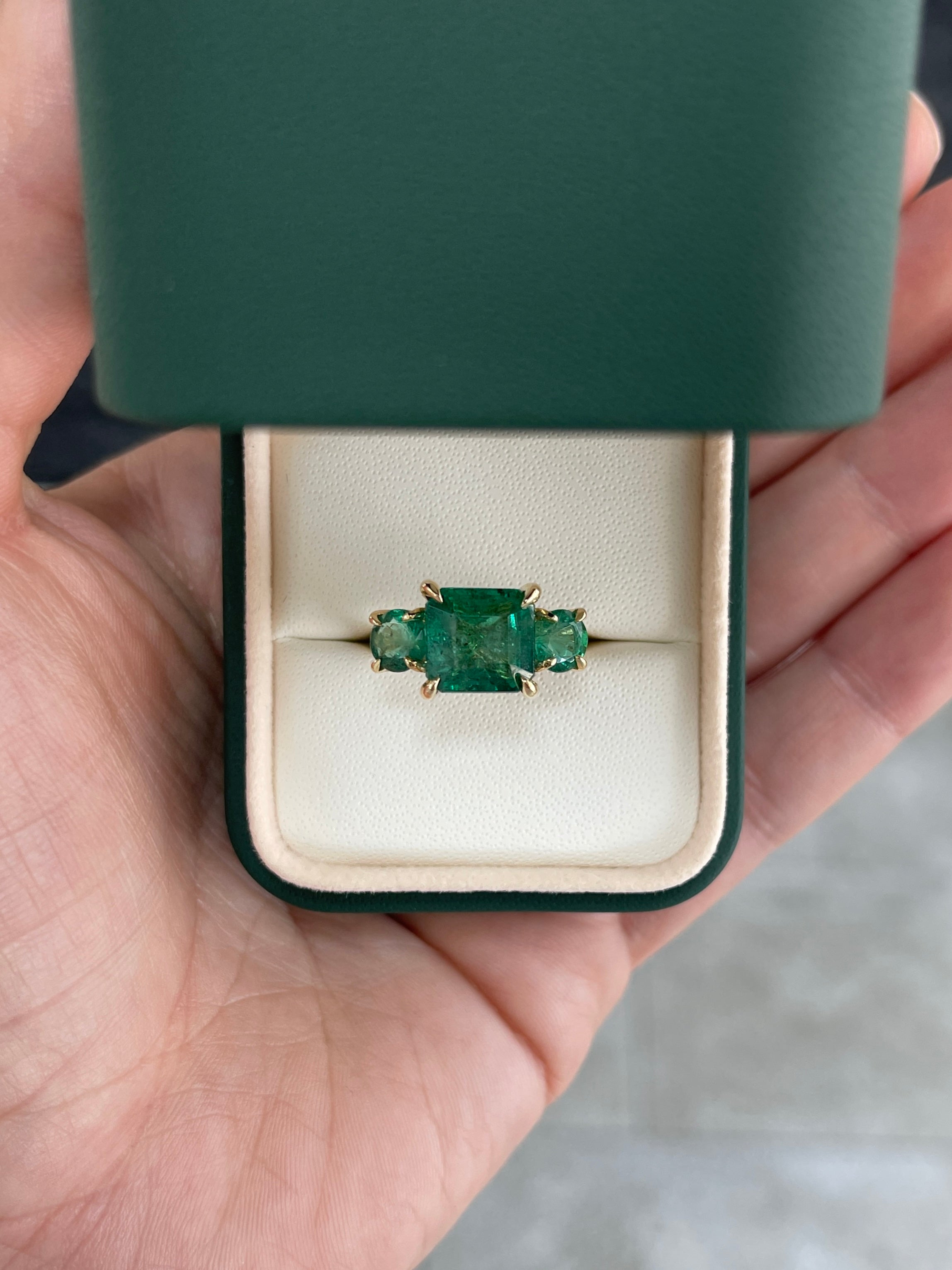 5.80tcw 14K Rich Green Natural Emerald All Emerald Three Stone Ring - JR Colombian Emeralds