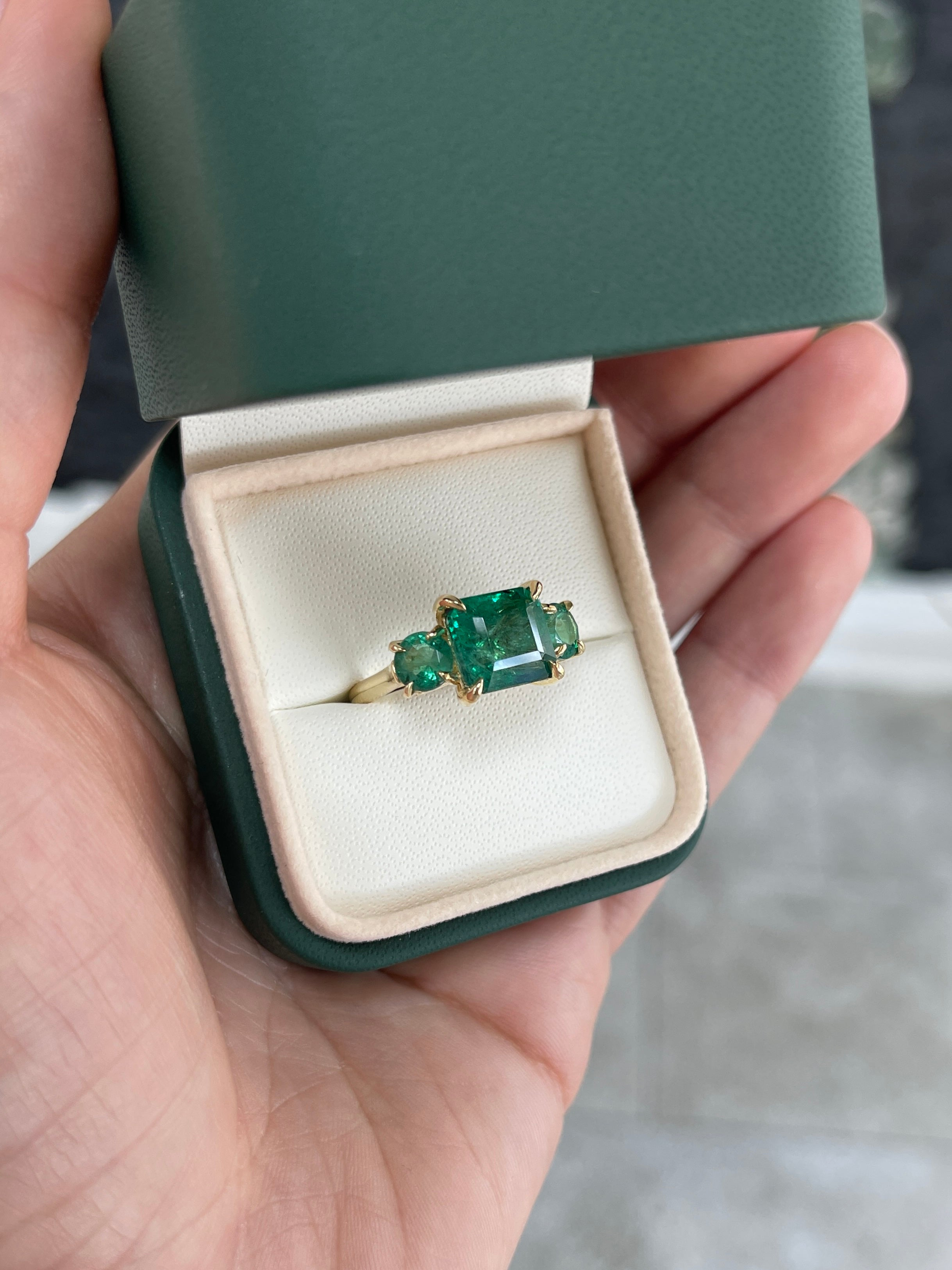 5.80tcw 14K Rich Green Natural Emerald All Emerald Three Stone Ring - JR Colombian Emeralds