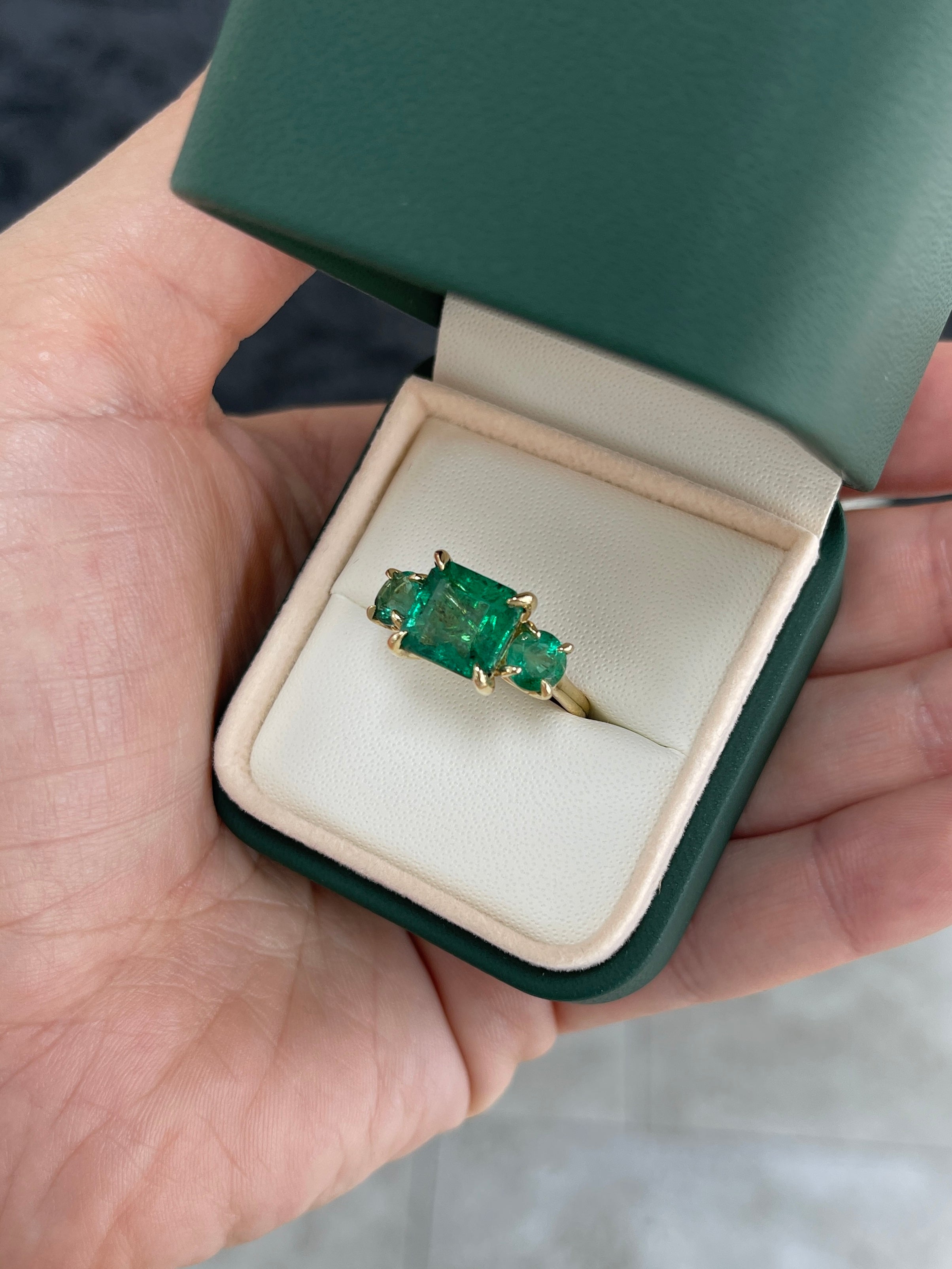 5.80tcw 14K Rich Green Natural Emerald All Emerald Three Stone Ring - JR Colombian Emeralds