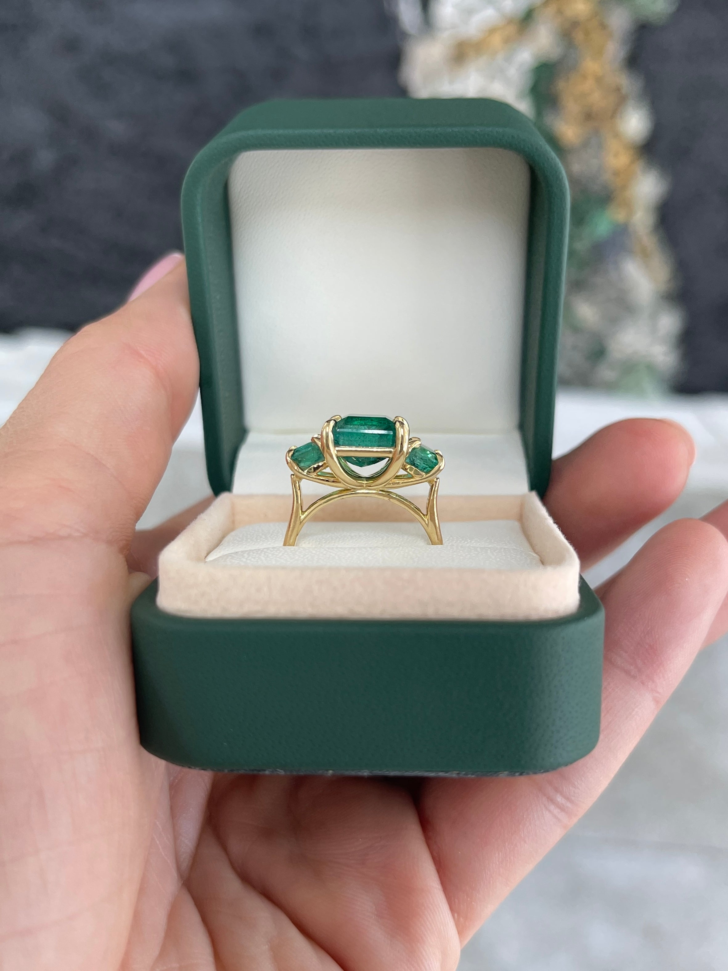 5.80tcw 14K Rich Green Natural Emerald All Emerald Three Stone Ring - JR Colombian Emeralds