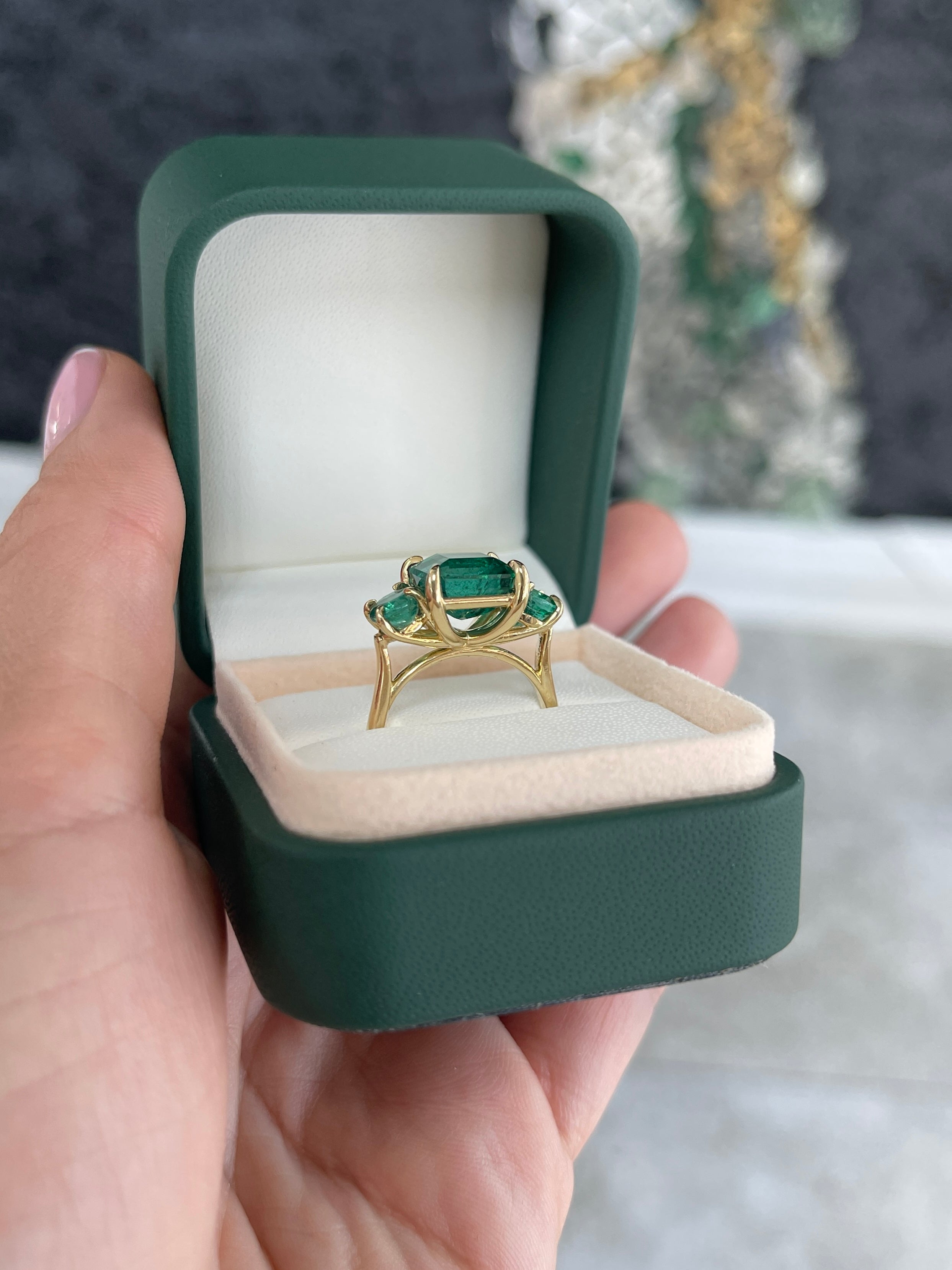 5.80tcw 14K Rich Green Natural Emerald All Emerald Three Stone Ring - JR Colombian Emeralds