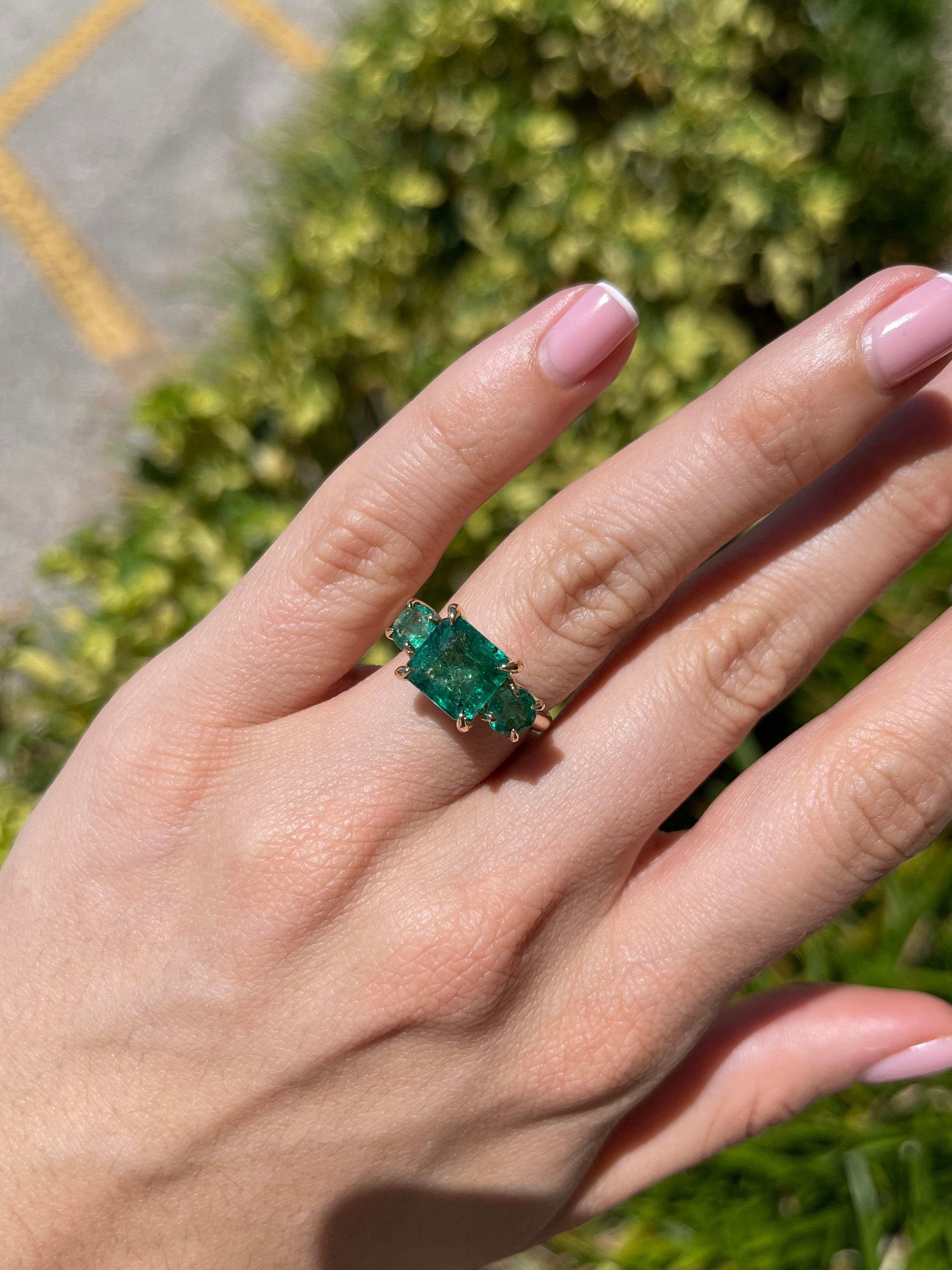 5.80tcw 14K Rich Green Natural Emerald All Emerald Three Stone Ring - JR Colombian Emeralds