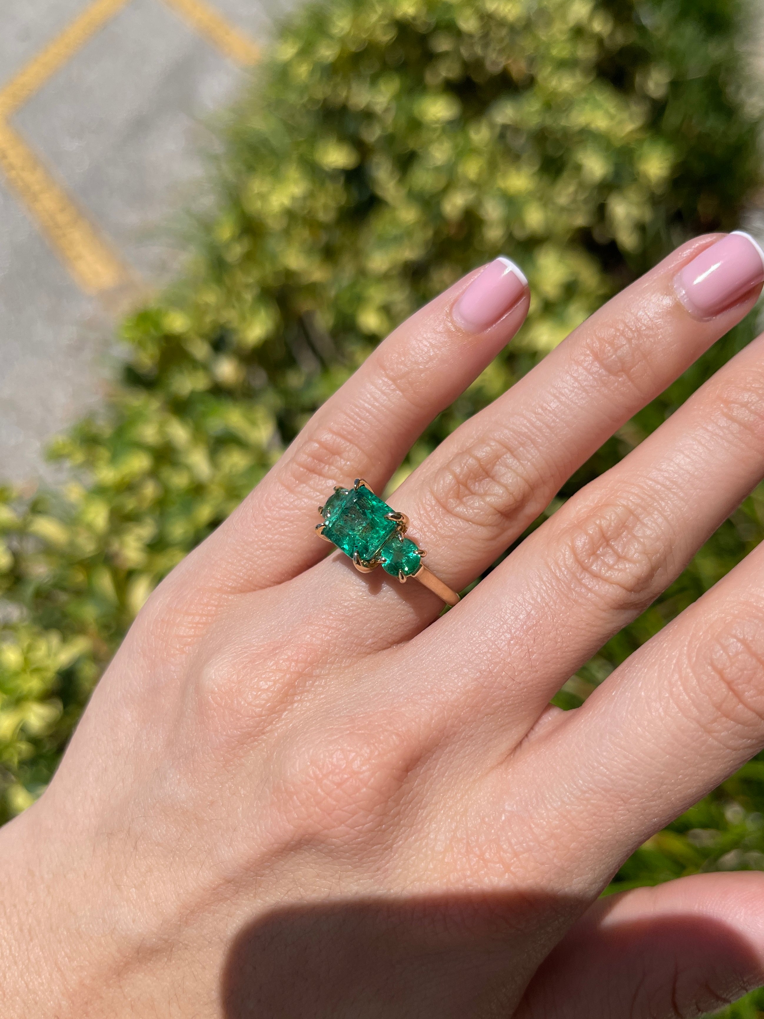 5.80tcw 14K Rich Green Natural Emerald All Emerald Three Stone Ring - JR Colombian Emeralds
