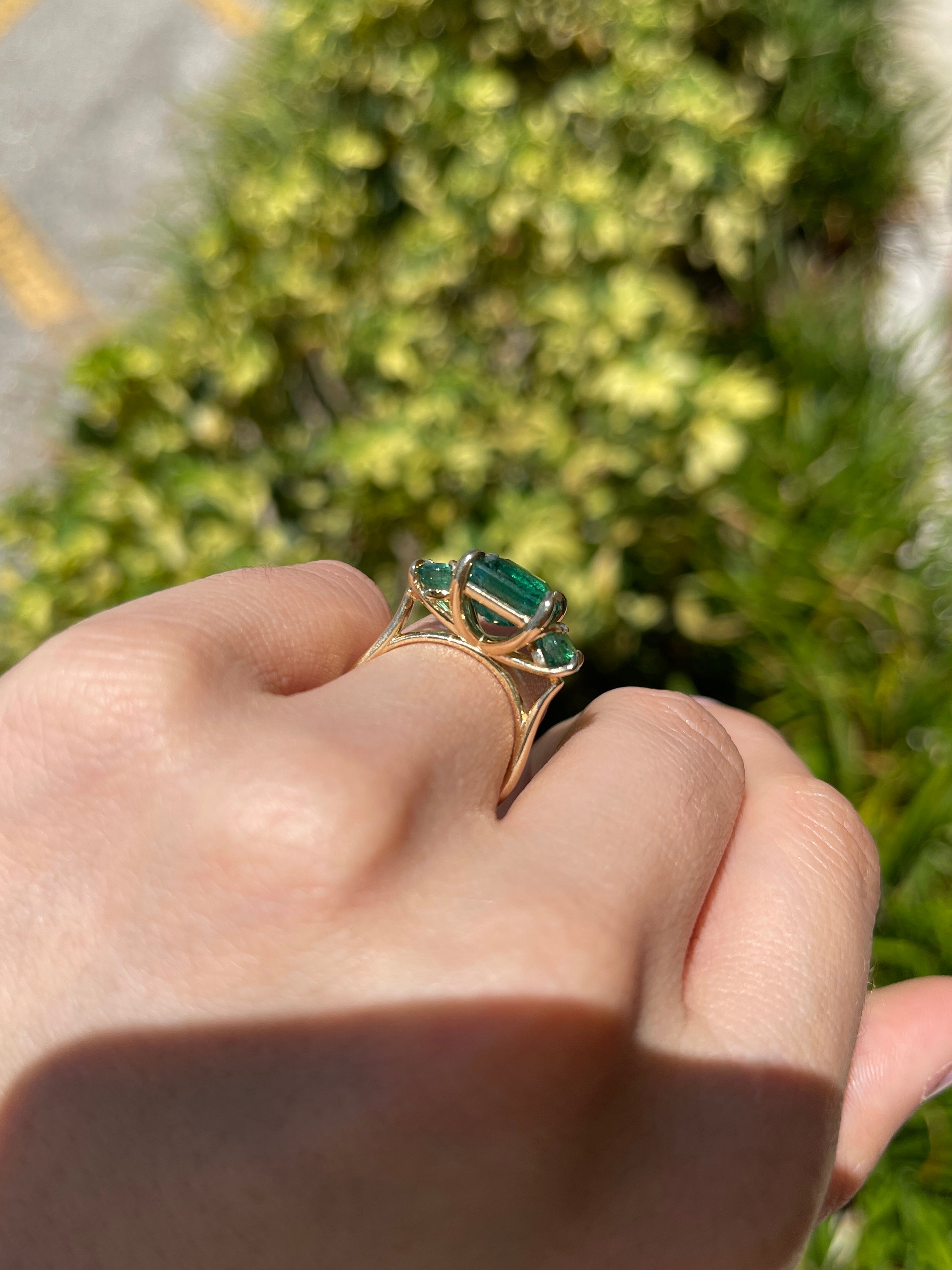 5.80tcw 14K Rich Green Natural Emerald All Emerald Three Stone Ring - JR Colombian Emeralds