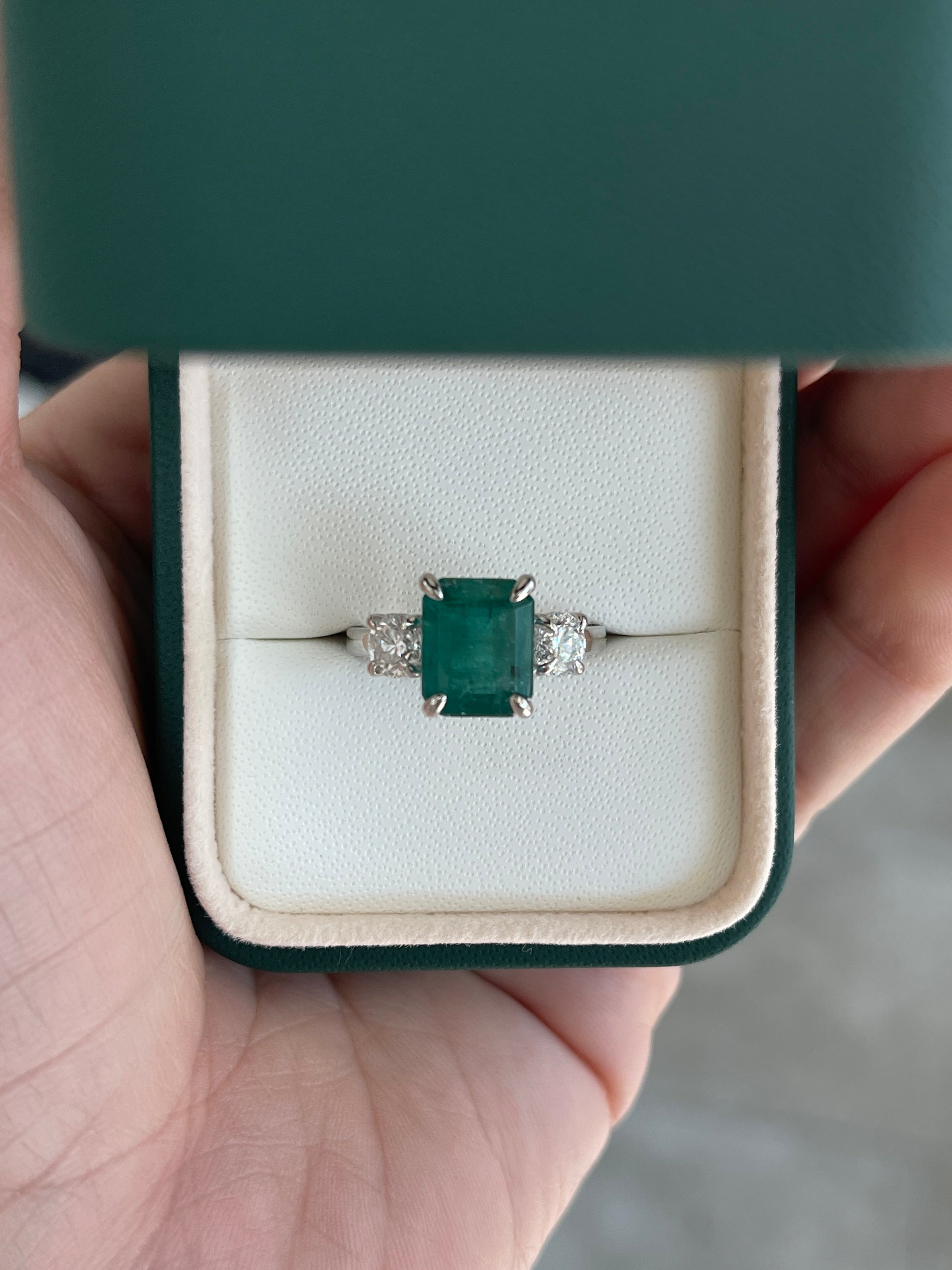 4.31tcw 14K Natural Emerald Cut Emerald & LAB Round Diamond Three Stone Ring - JR Colombian Emeralds