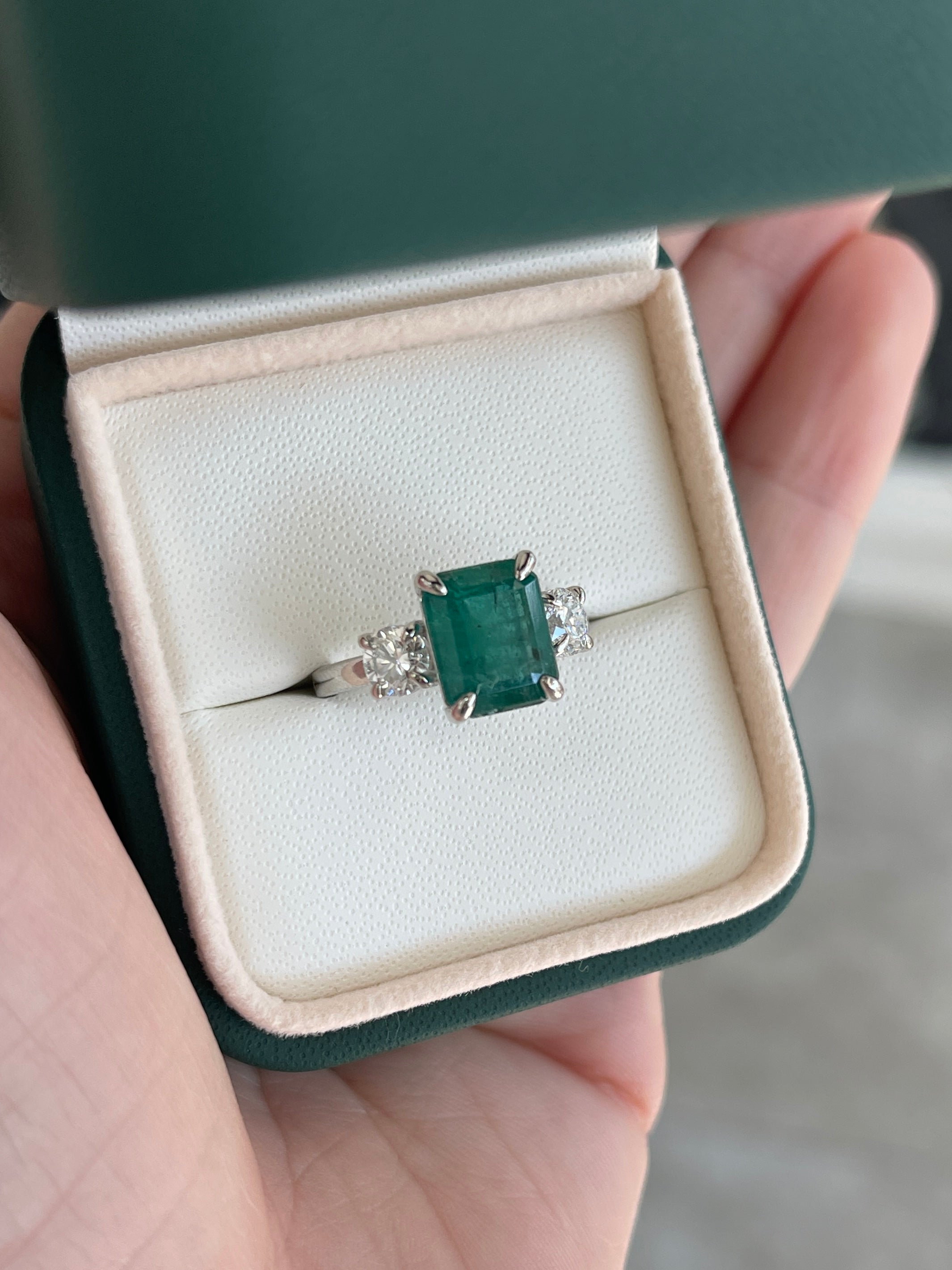 4.31tcw 14K Natural Emerald Cut Emerald & LAB Round Diamond Three Stone Ring - JR Colombian Emeralds