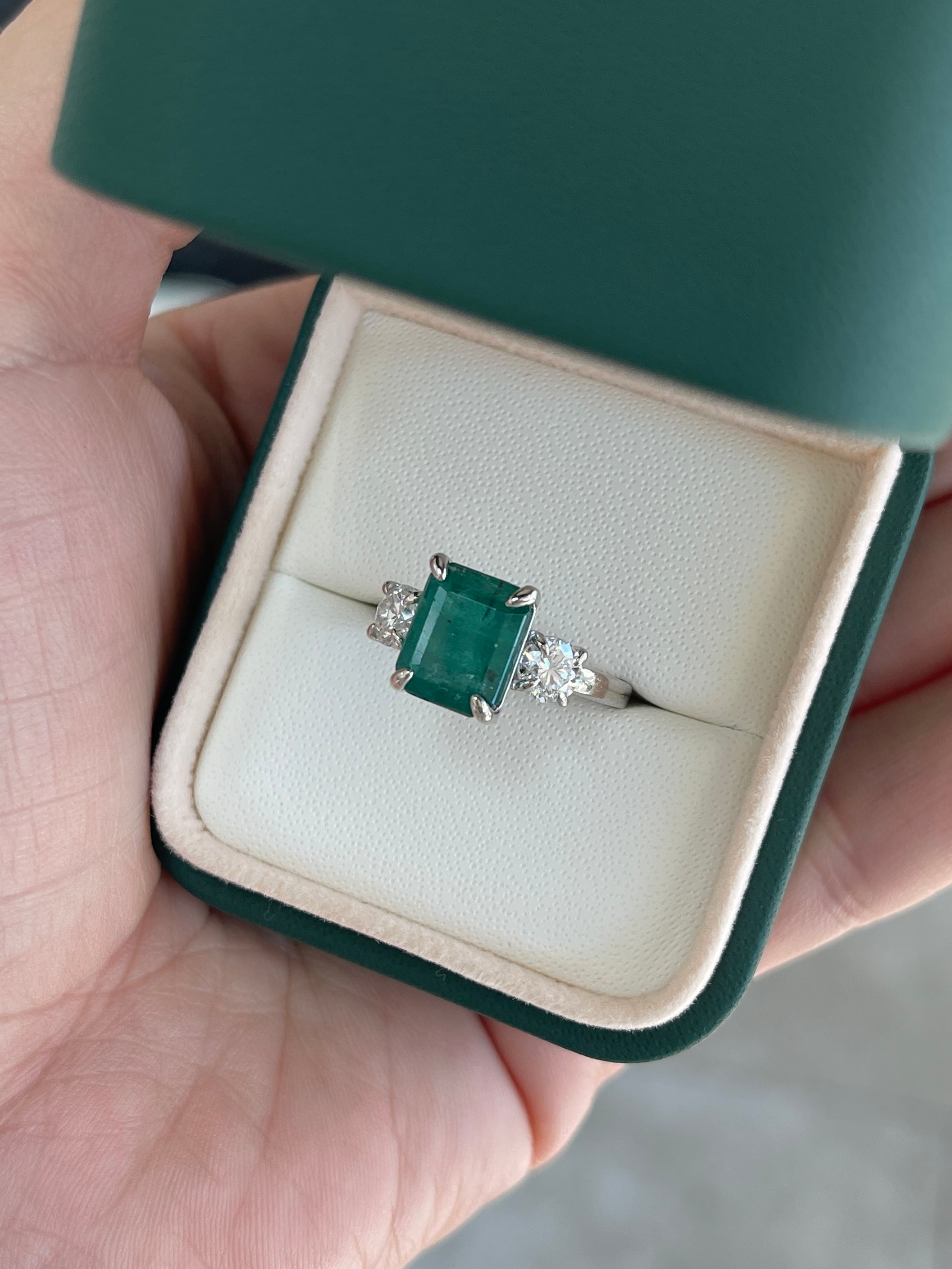 4.31tcw 14K Natural Emerald Cut Emerald & LAB Round Diamond Three Stone Ring - JR Colombian Emeralds