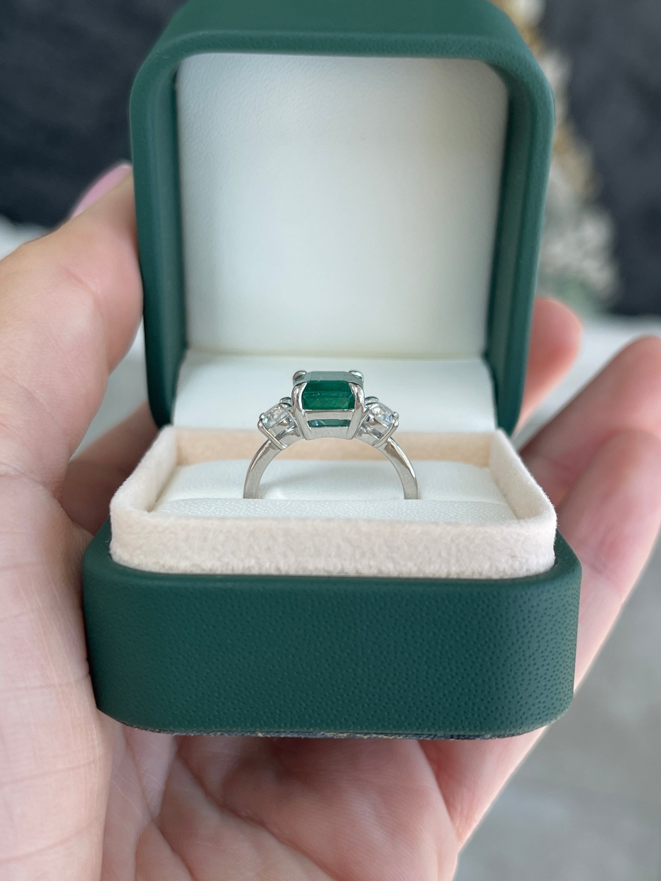 4.31tcw 14K Natural Emerald Cut Emerald & LAB Round Diamond Three Stone Ring - JR Colombian Emeralds