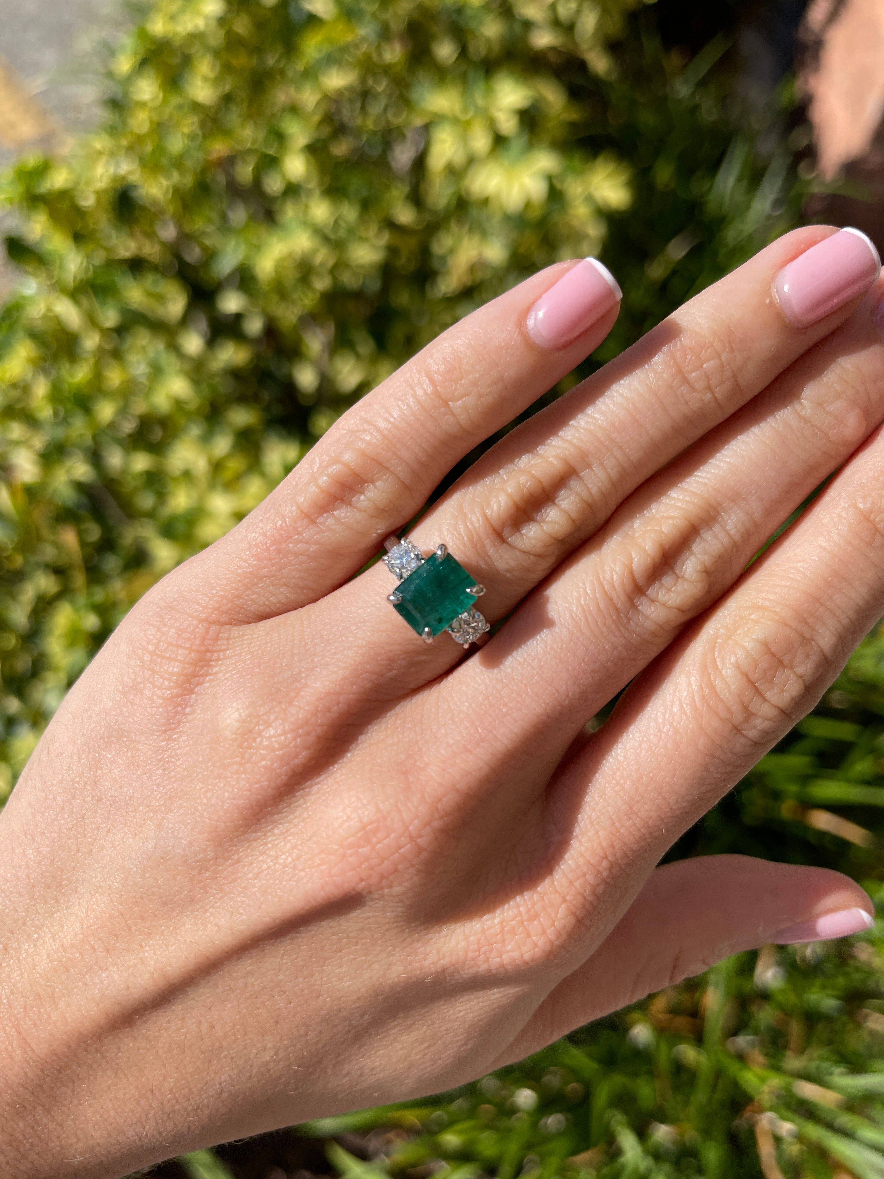 4.31tcw 14K Natural Emerald Cut Emerald & LAB Round Diamond Three Stone Ring - JR Colombian Emeralds