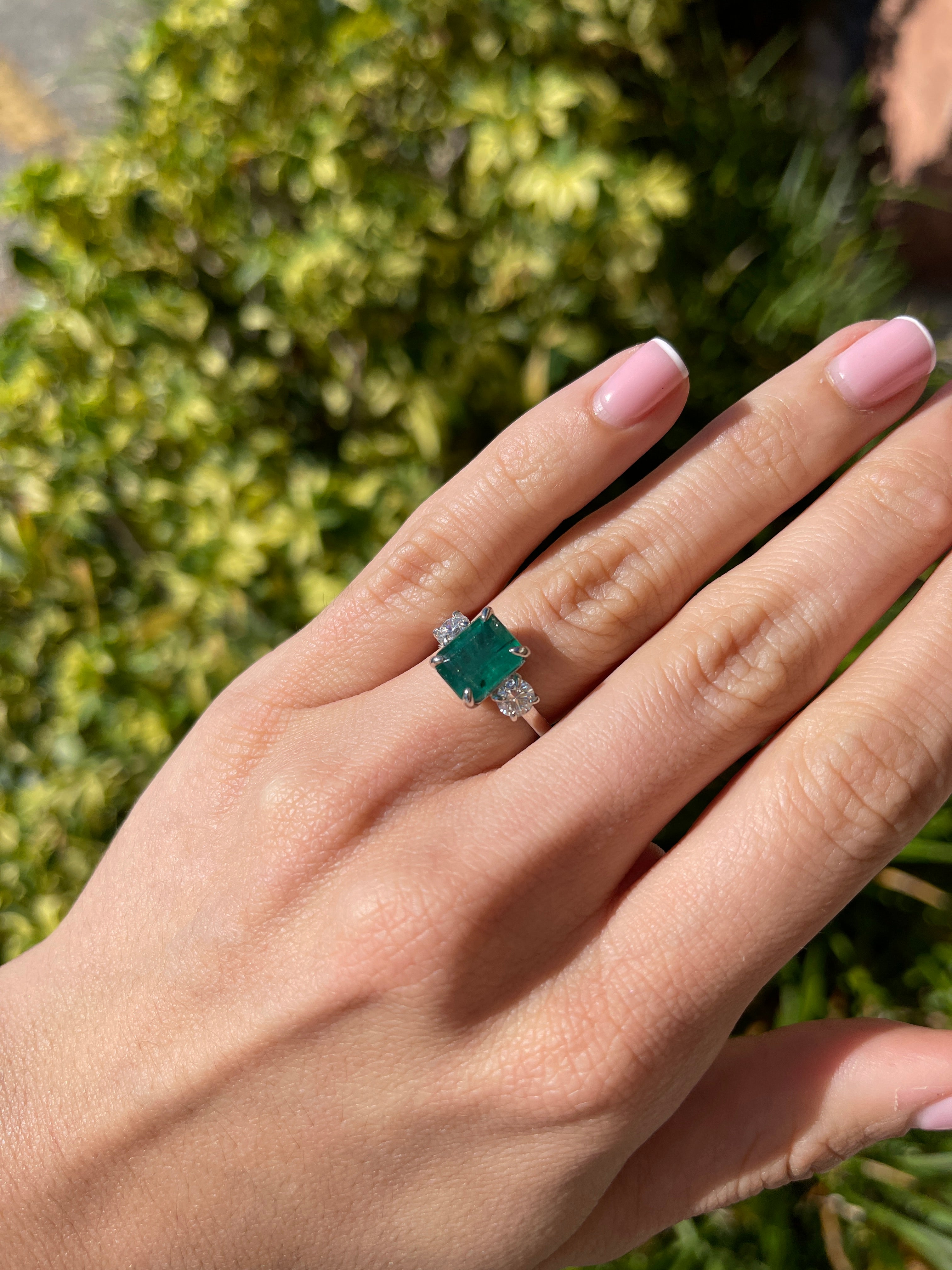 4.31tcw 14K Natural Emerald Cut Emerald & LAB Round Diamond Three Stone Ring - JR Colombian Emeralds
