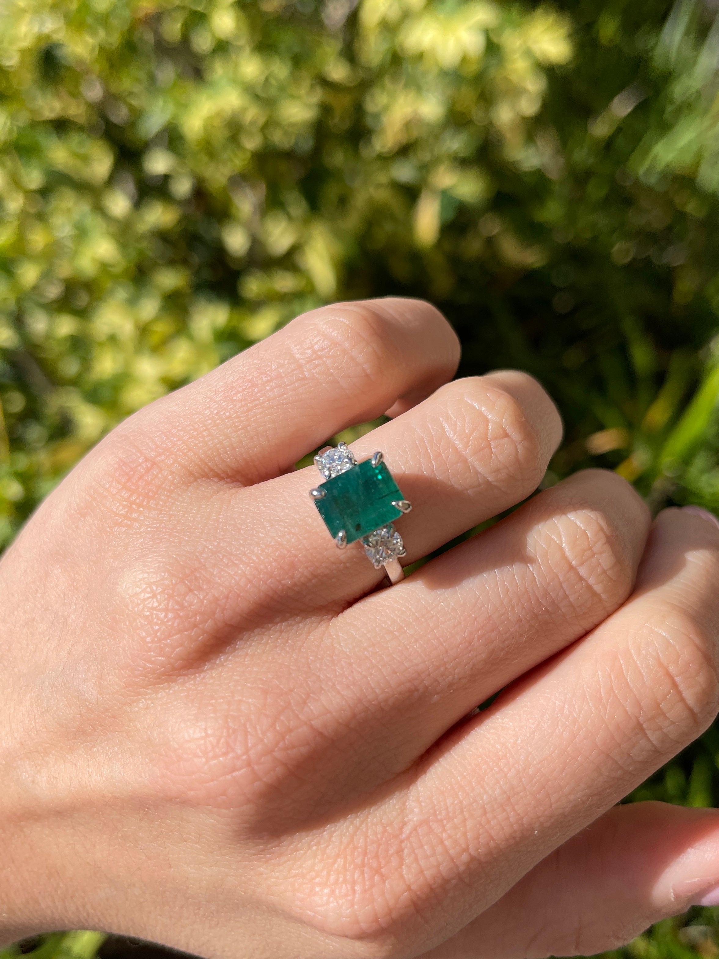 4.31tcw 14K Natural Emerald Cut Emerald & LAB Round Diamond Three Stone Ring - JR Colombian Emeralds