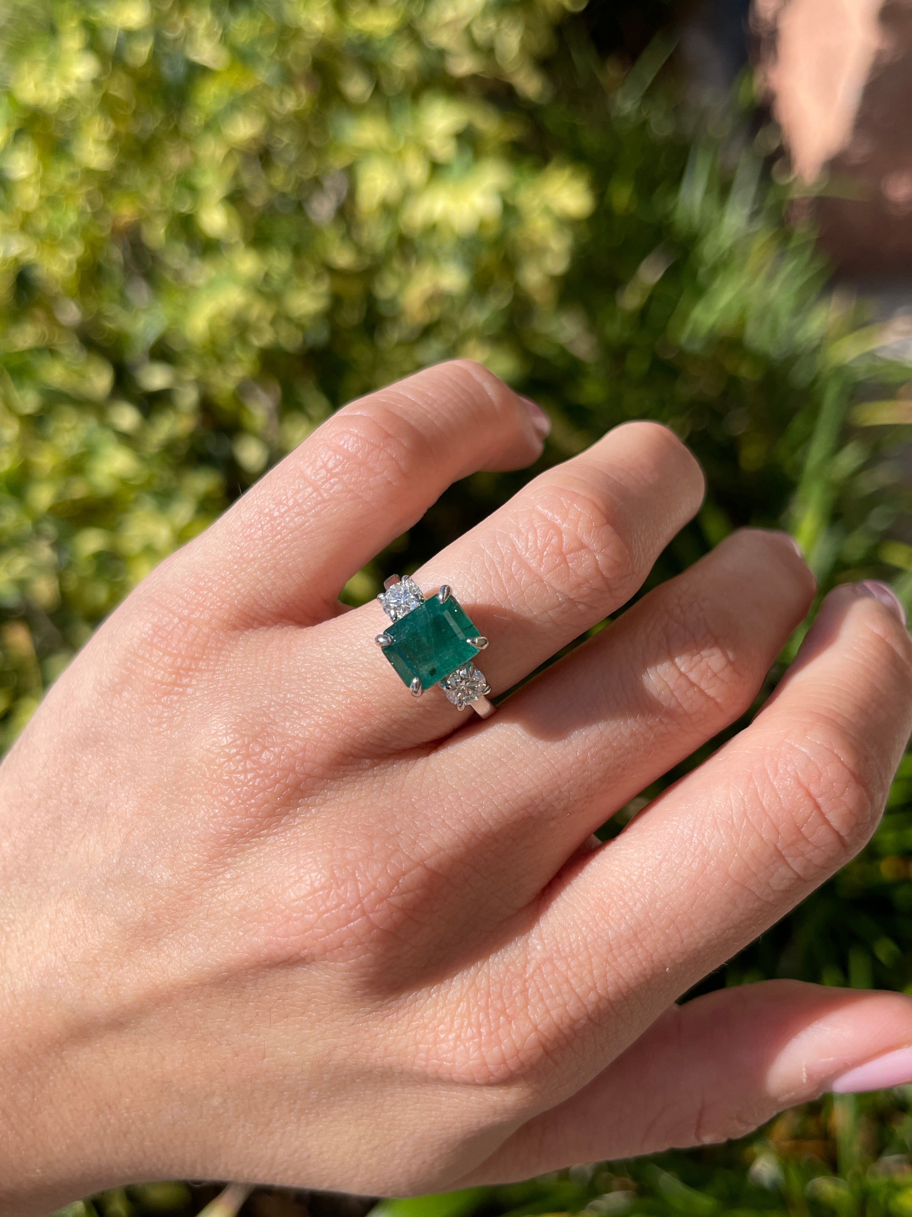 4.31tcw 14K Natural Emerald Cut Emerald & LAB Round Diamond Three Stone Ring - JR Colombian Emeralds