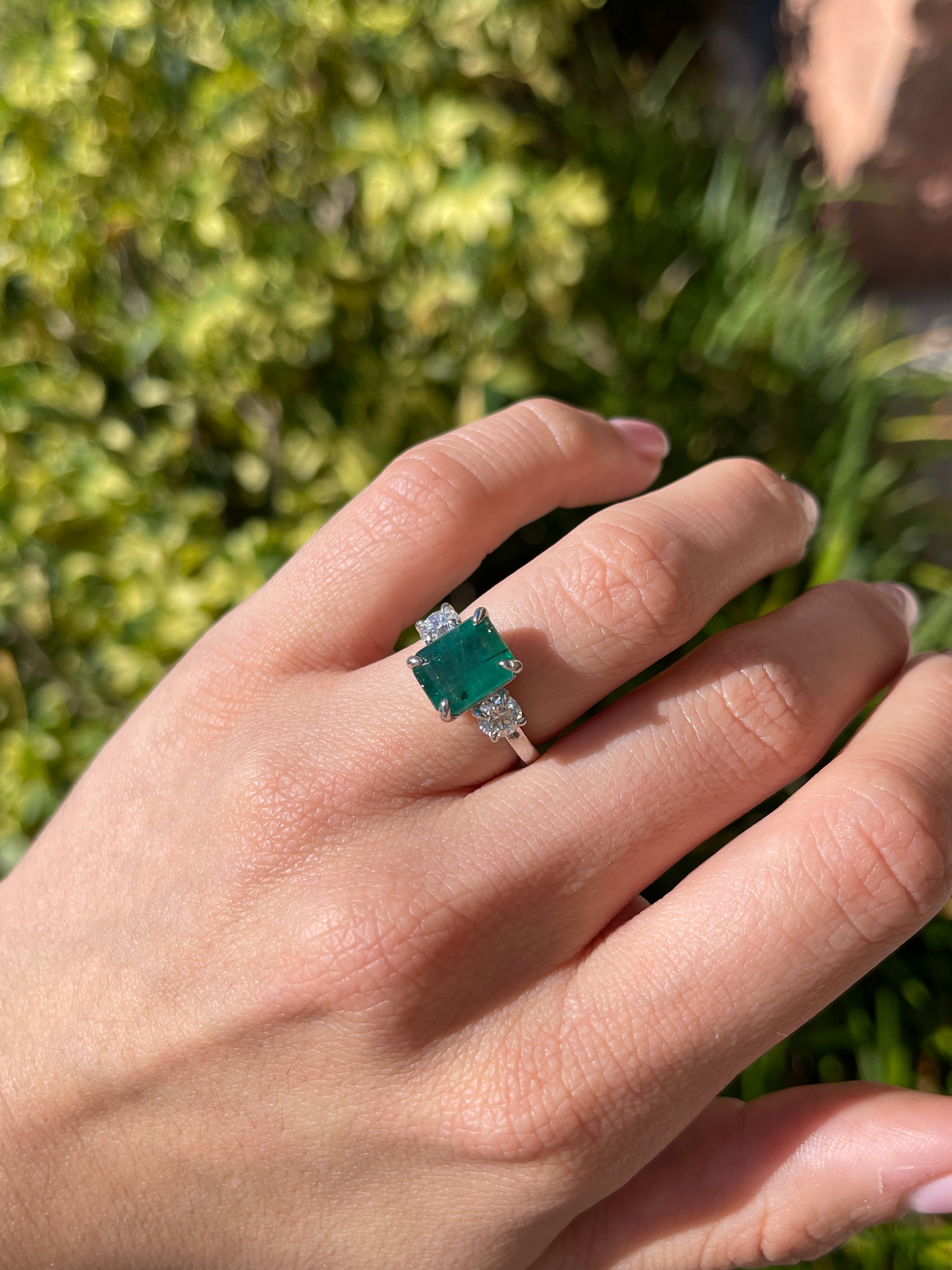 4.31tcw 14K Natural Emerald Cut Emerald & LAB Round Diamond Three Stone Ring - JR Colombian Emeralds