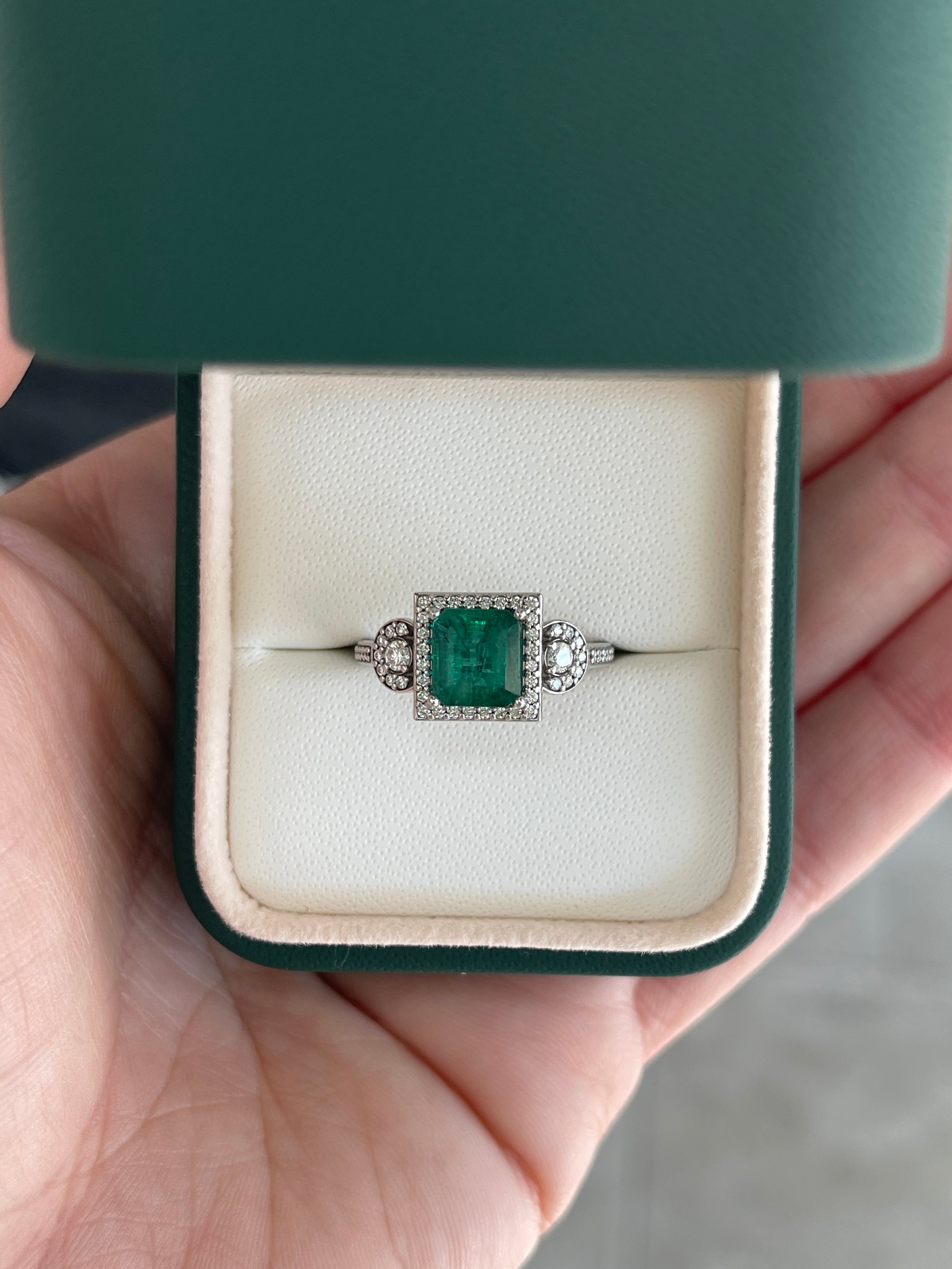 2.20tcw 14K Rich Green Asscher Emerald & Diamond Halo Accent Engagement Ring - JR Colombian Emeralds