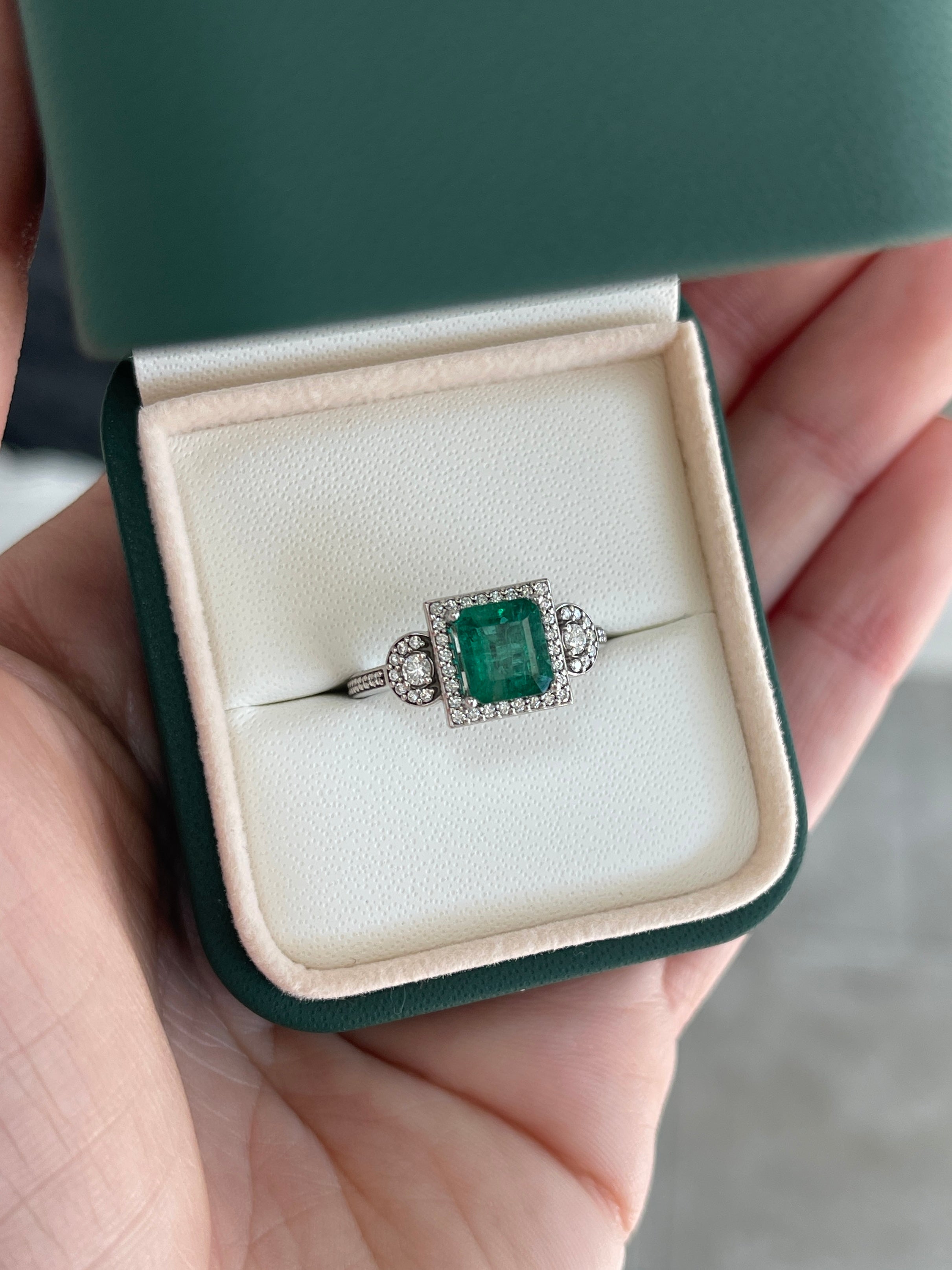 2.20tcw 14K Rich Green Asscher Emerald & Diamond Halo Accent Engagement Ring - JR Colombian Emeralds