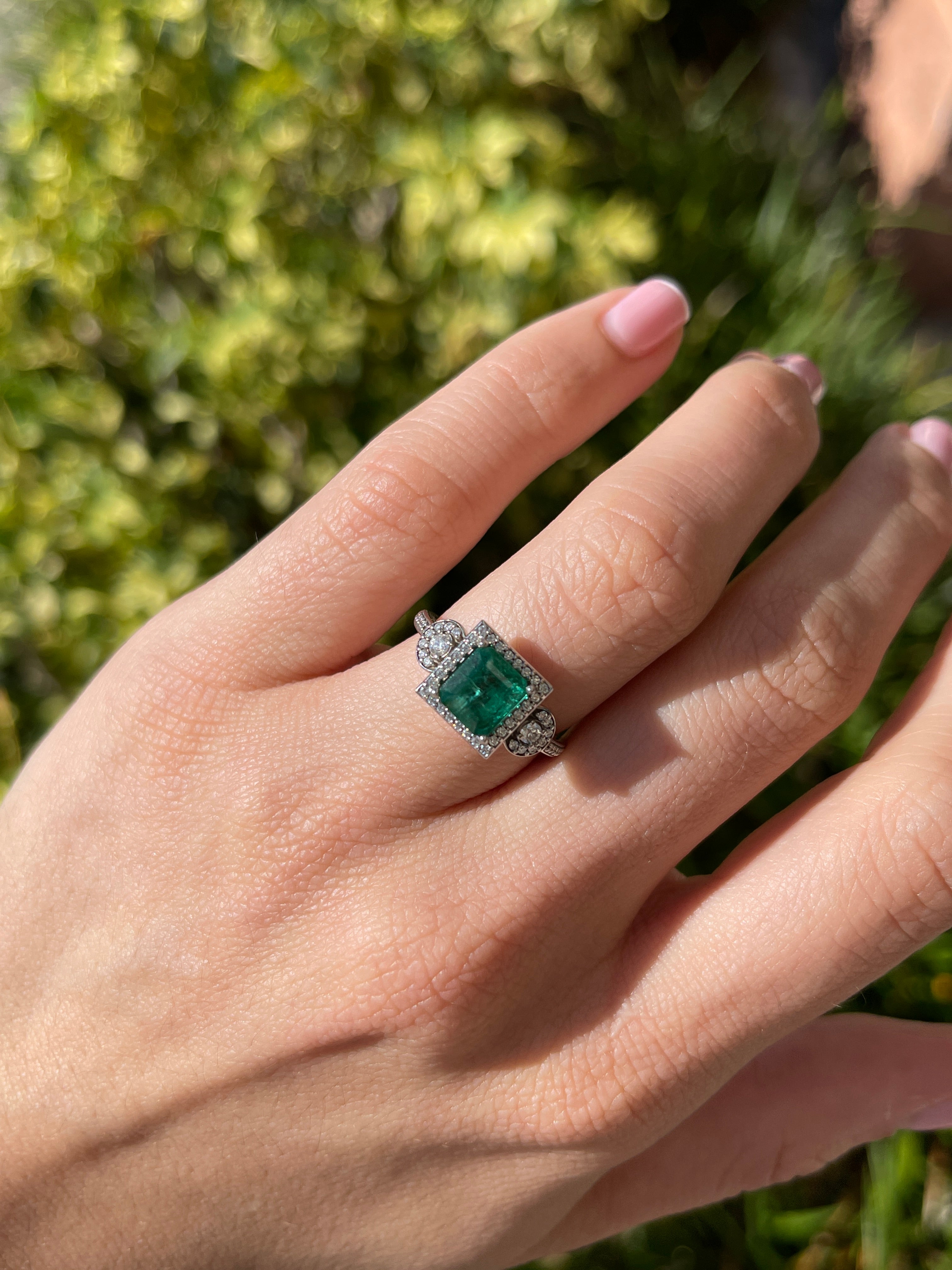 2.20tcw 14K Rich Green Asscher Emerald & Diamond Halo Accent Engagement Ring - JR Colombian Emeralds