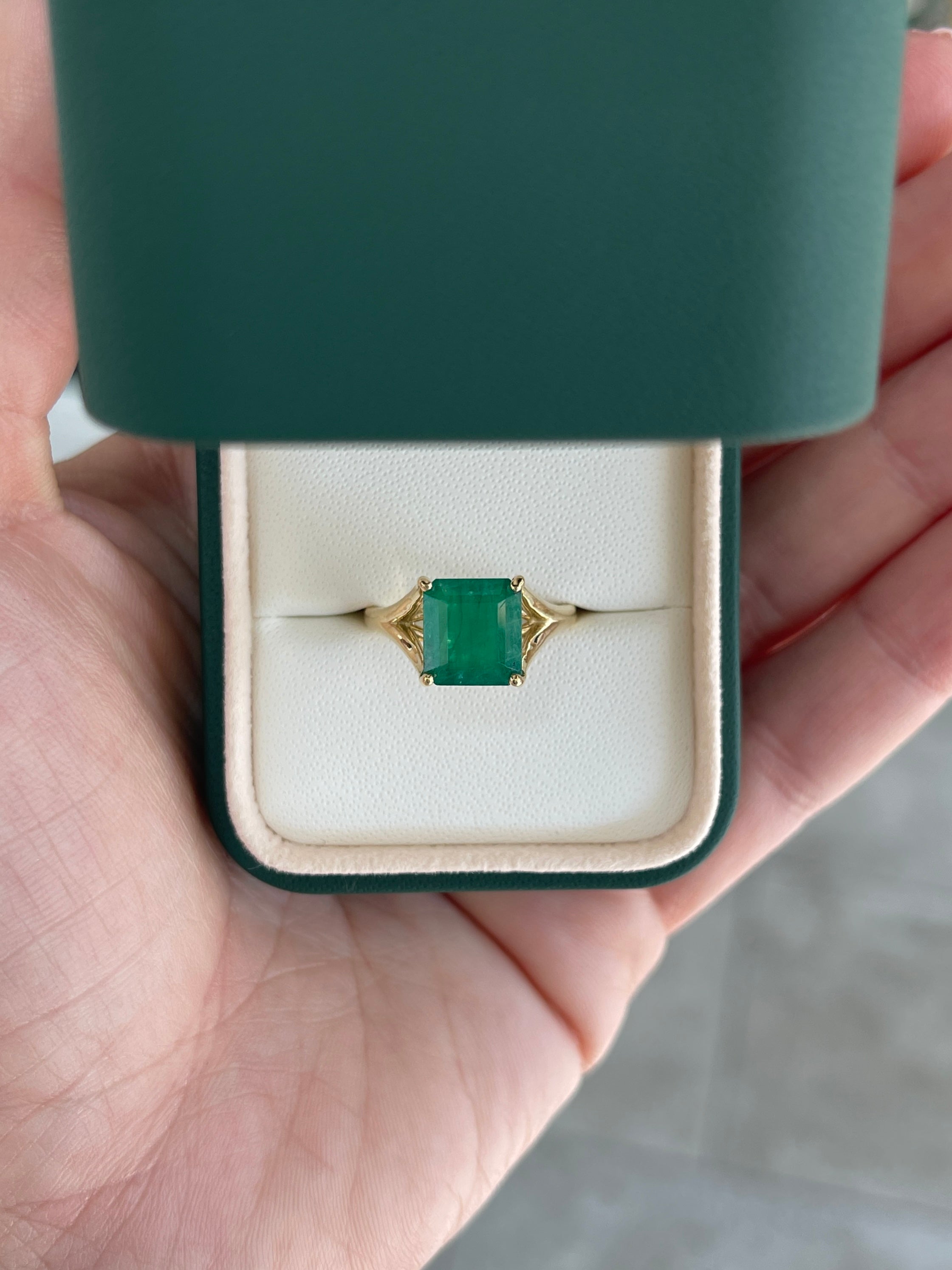 2.20ct 14K Mossy Green Asscher Cut Solitaire Split Shank Right Hand Ring - JR Colombian Emeralds