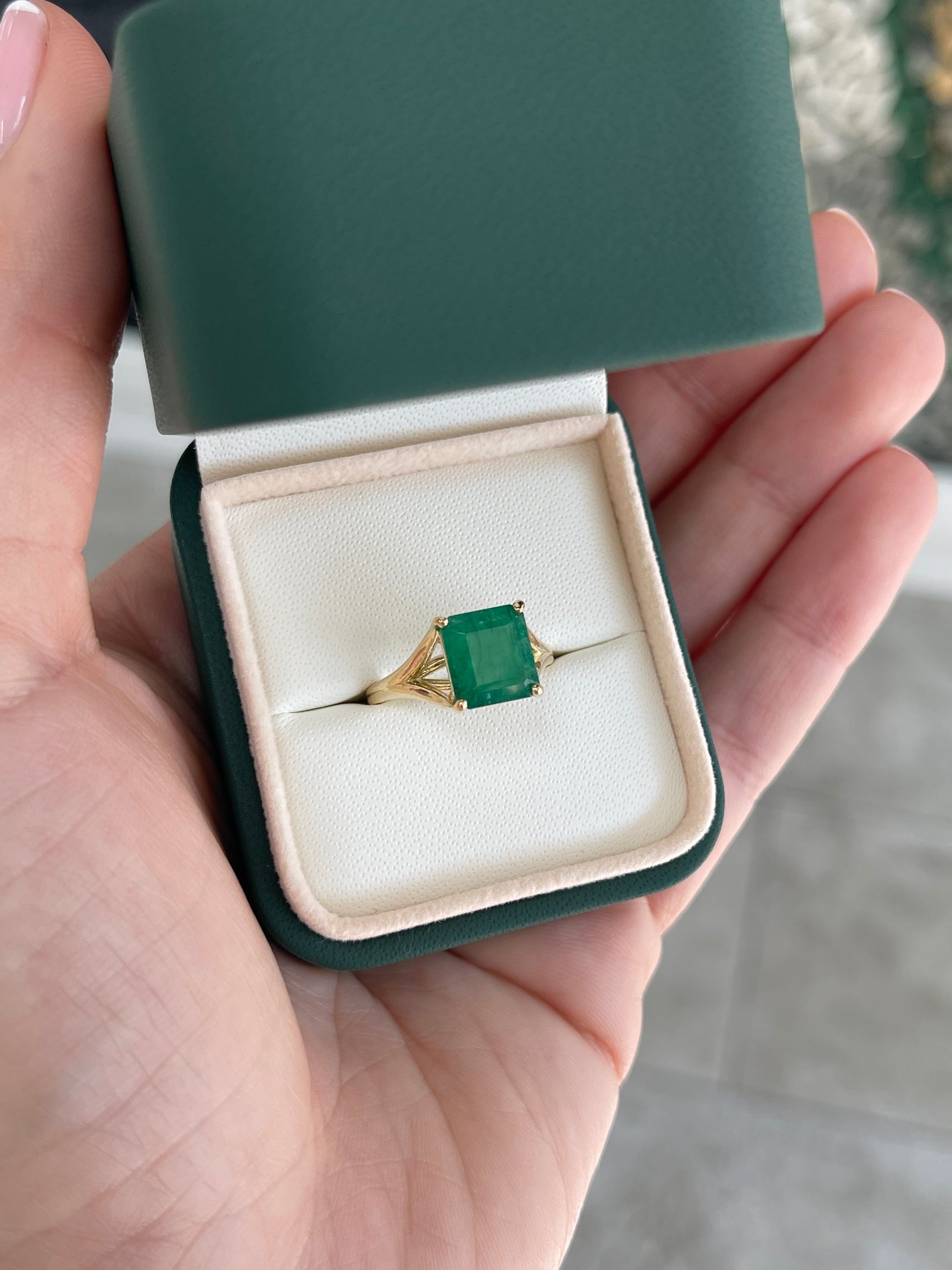 2.20ct 14K Mossy Green Asscher Cut Solitaire Split Shank Right Hand Ring - JR Colombian Emeralds