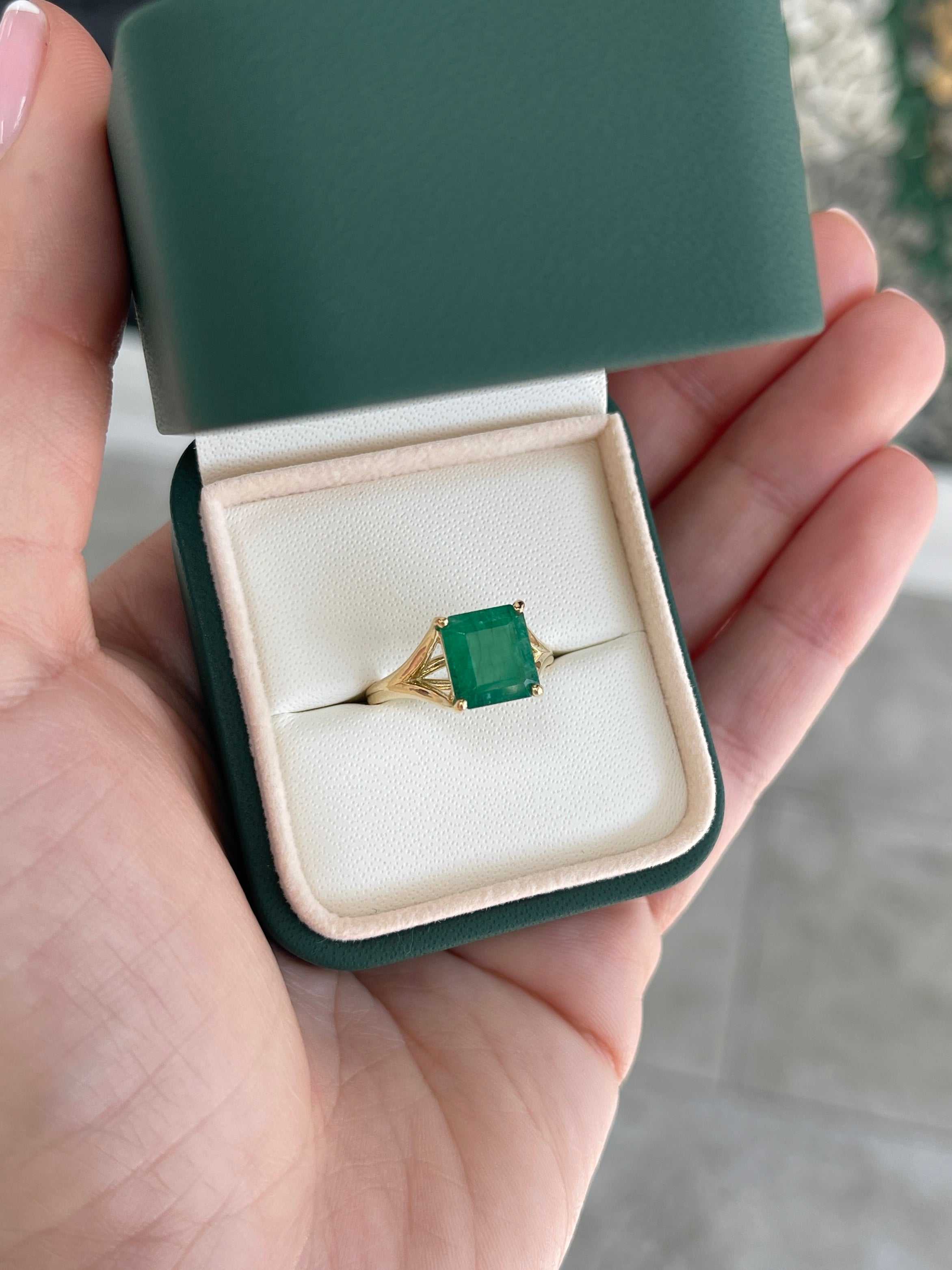 2.20ct 14K Mossy Green Asscher Cut Solitaire Split Shank Right Hand Ring - JR Colombian Emeralds