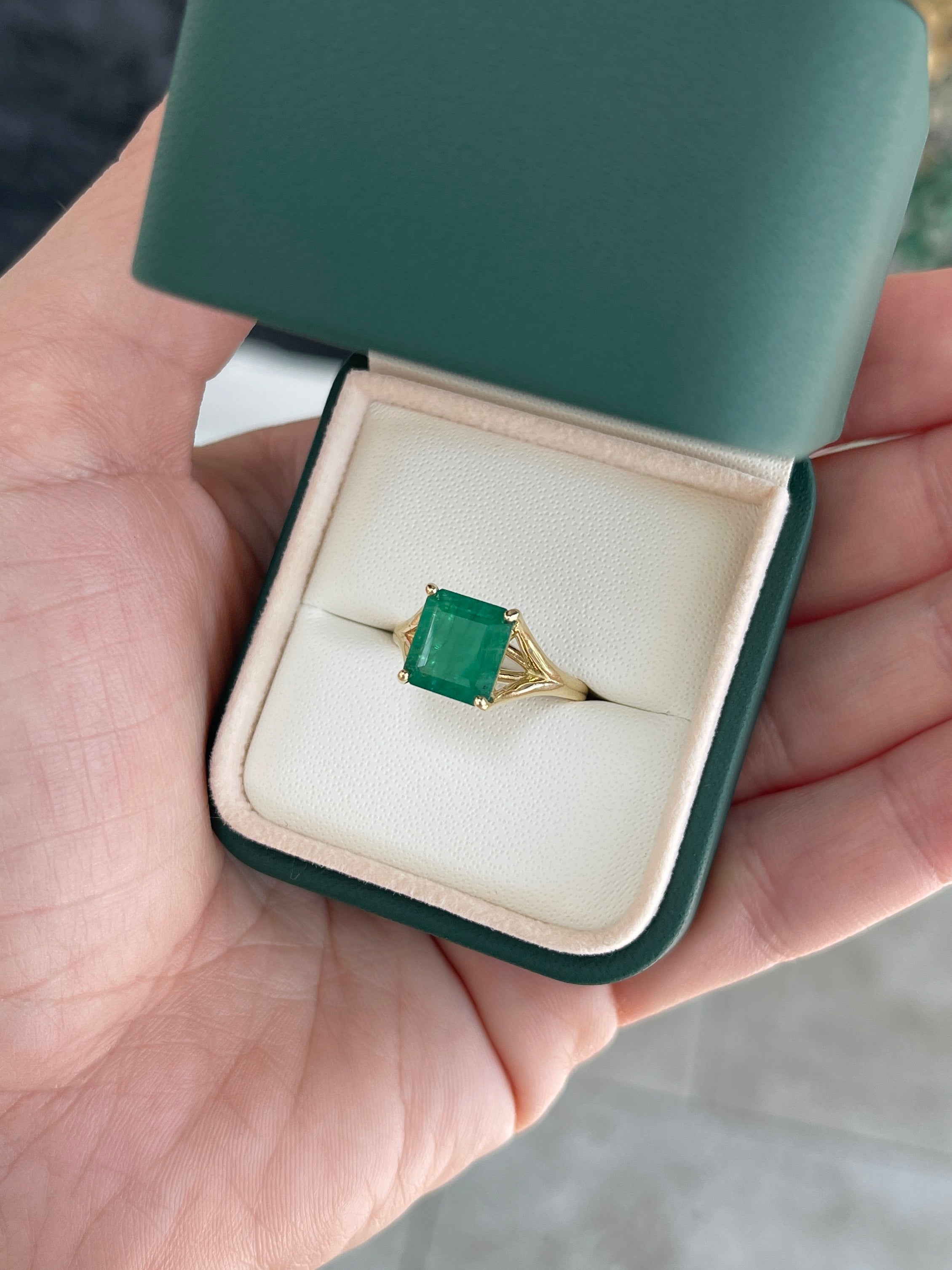 2.20ct 14K Mossy Green Asscher Cut Solitaire Split Shank Right Hand Ring - JR Colombian Emeralds