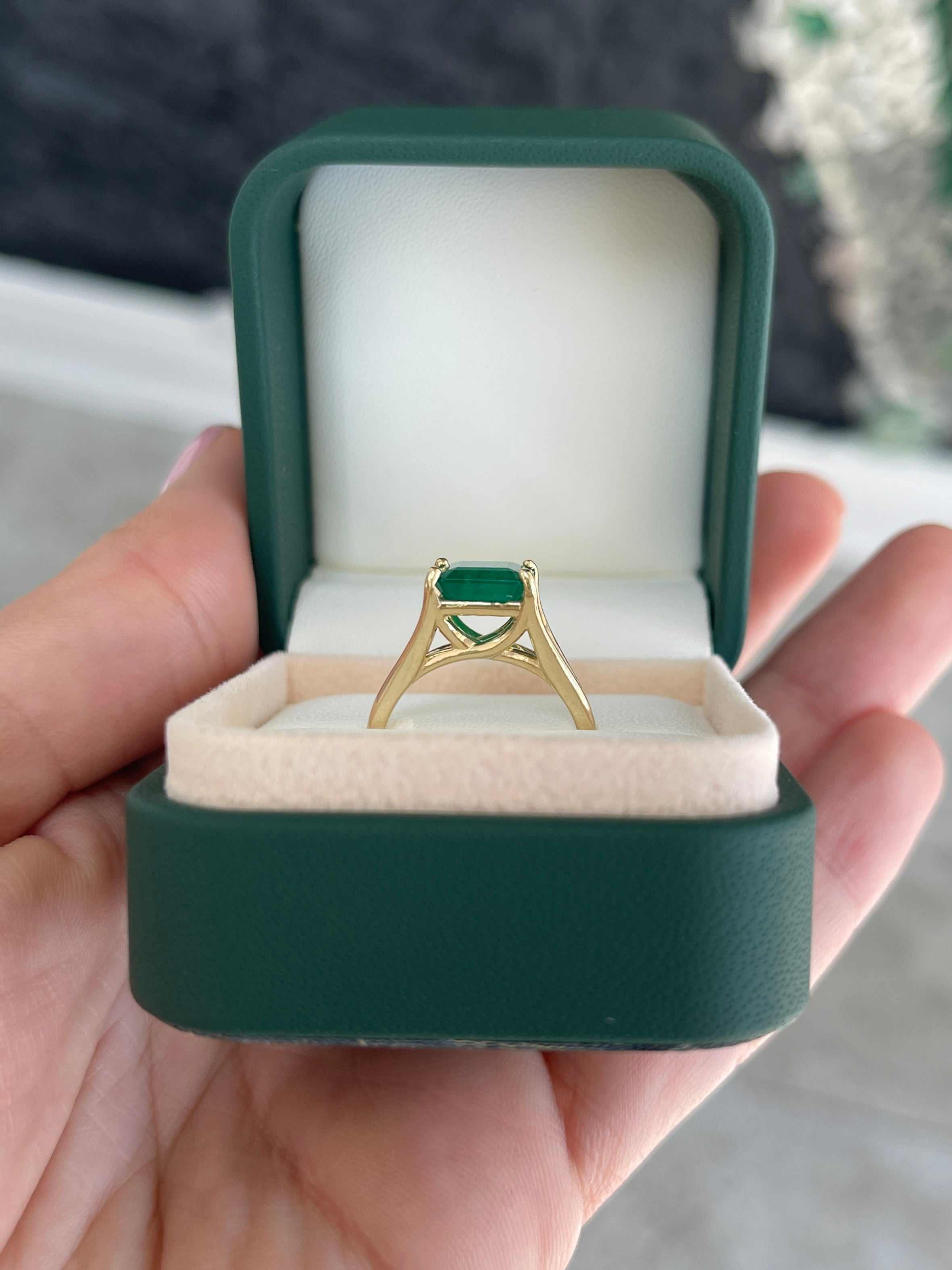 2.20ct 14K Mossy Green Asscher Cut Solitaire Split Shank Right Hand Ring - JR Colombian Emeralds