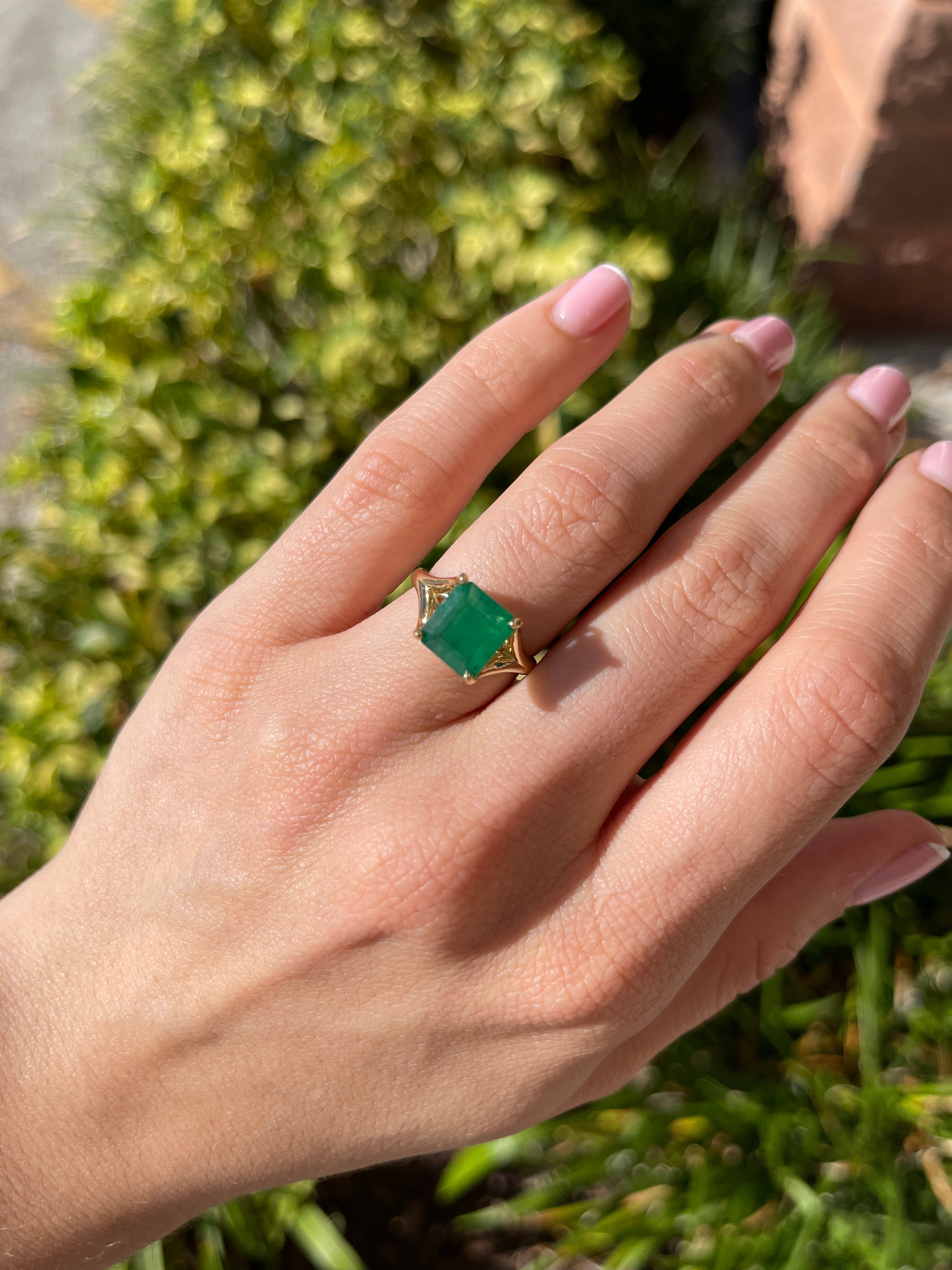 2.20ct 14K Mossy Green Asscher Cut Solitaire Split Shank Right Hand Ring - JR Colombian Emeralds