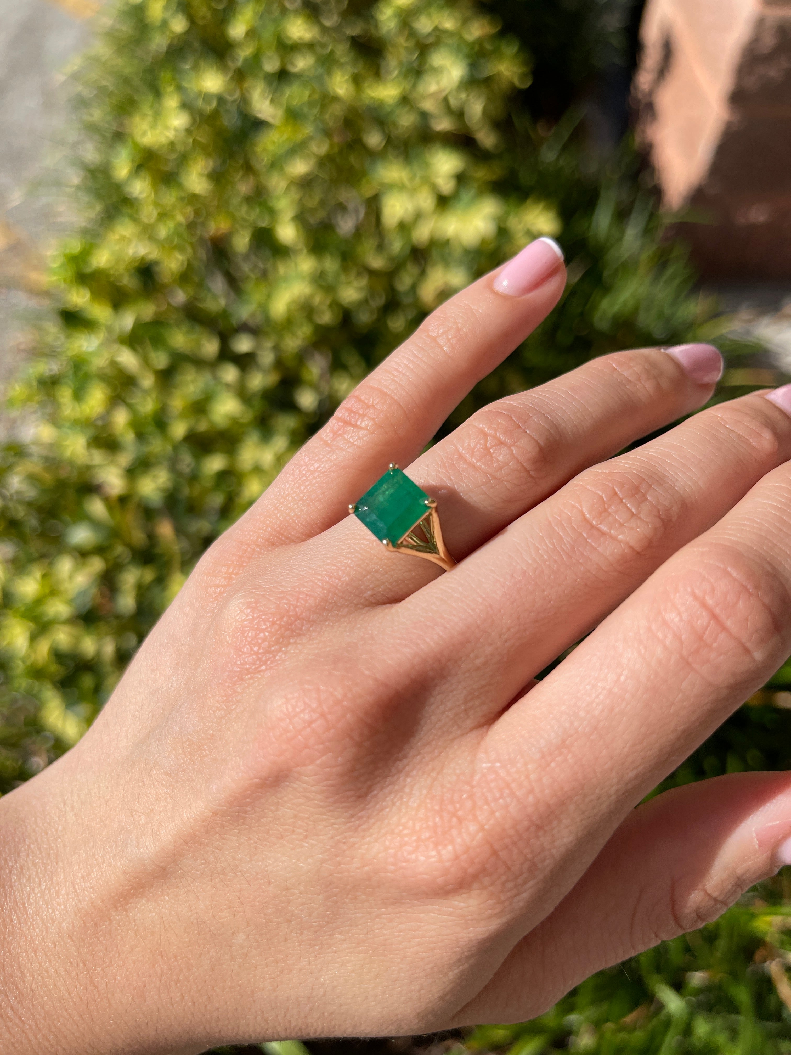2.20ct 14K Mossy Green Asscher Cut Solitaire Split Shank Right Hand Ring - JR Colombian Emeralds
